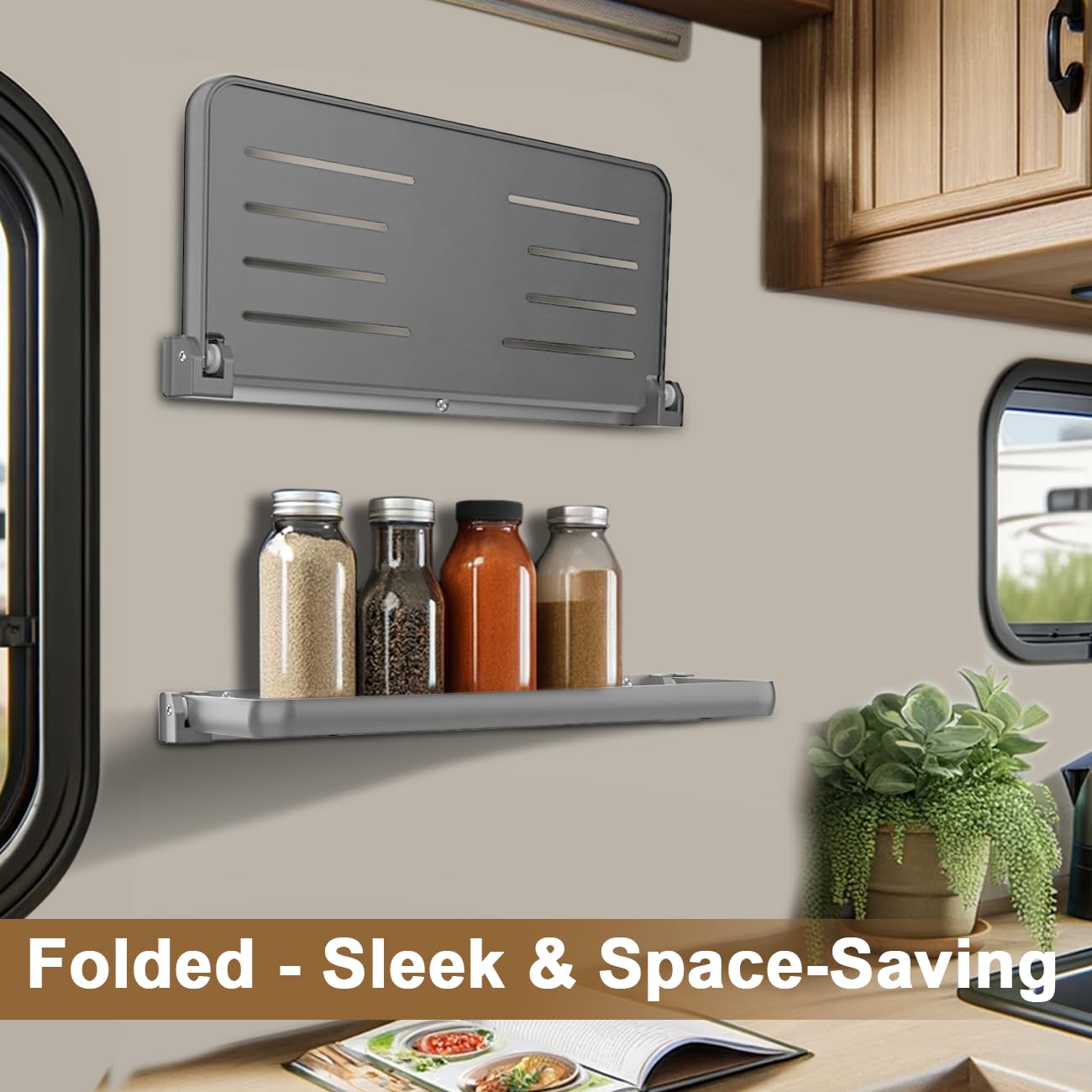 Safoner shelf next to water bottle showing scale and space-saving benefit