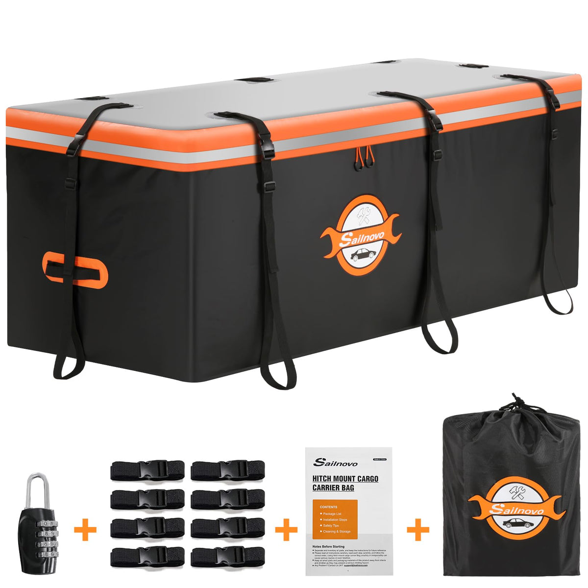 Sailnovo front view on hitch rack showing secure fit and extra cargo capacity