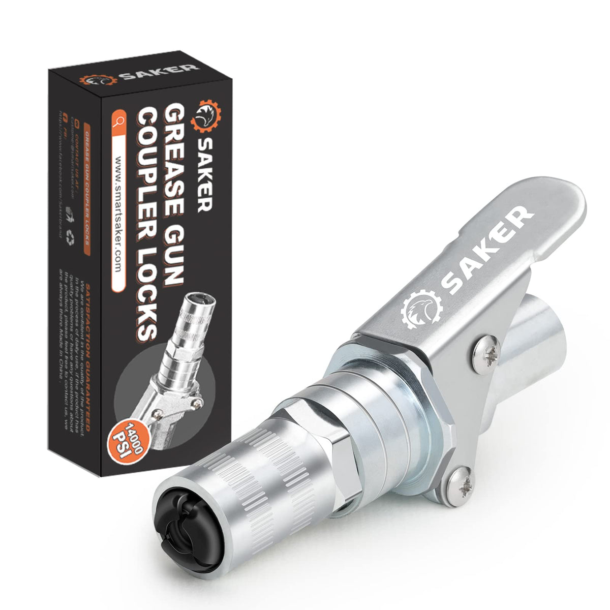Saker coupler front view showing robust zinc-alloy body and locking collar for reliability