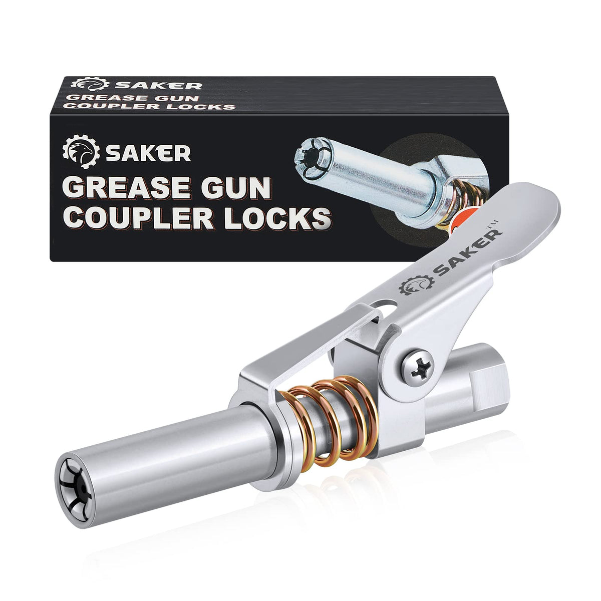 Saker front view of coupler showing robust zinc body and locking collar for reliability