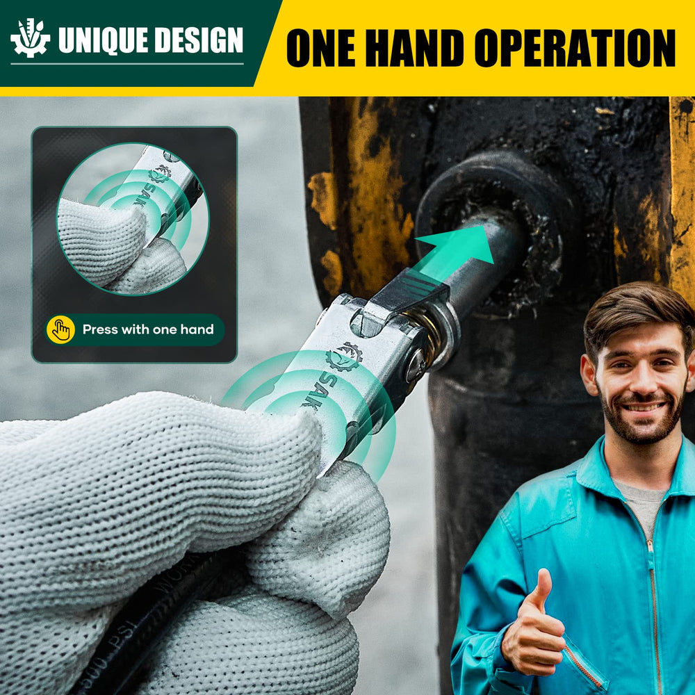 Saker in-use on tractor zerk fitting demonstrating fast, mess-free lubrication