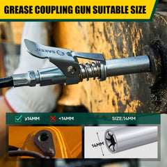 Saker detailed view of reinforced jaws gripping a zerk fitting for secure hold