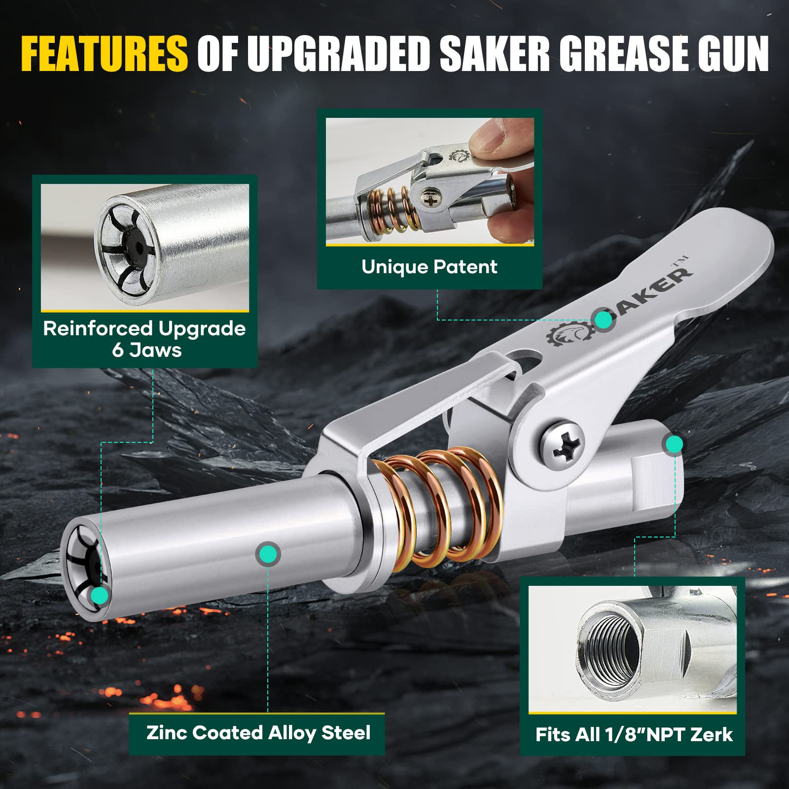 Saker side profile of grease coupler highlighting compact design and durable finish