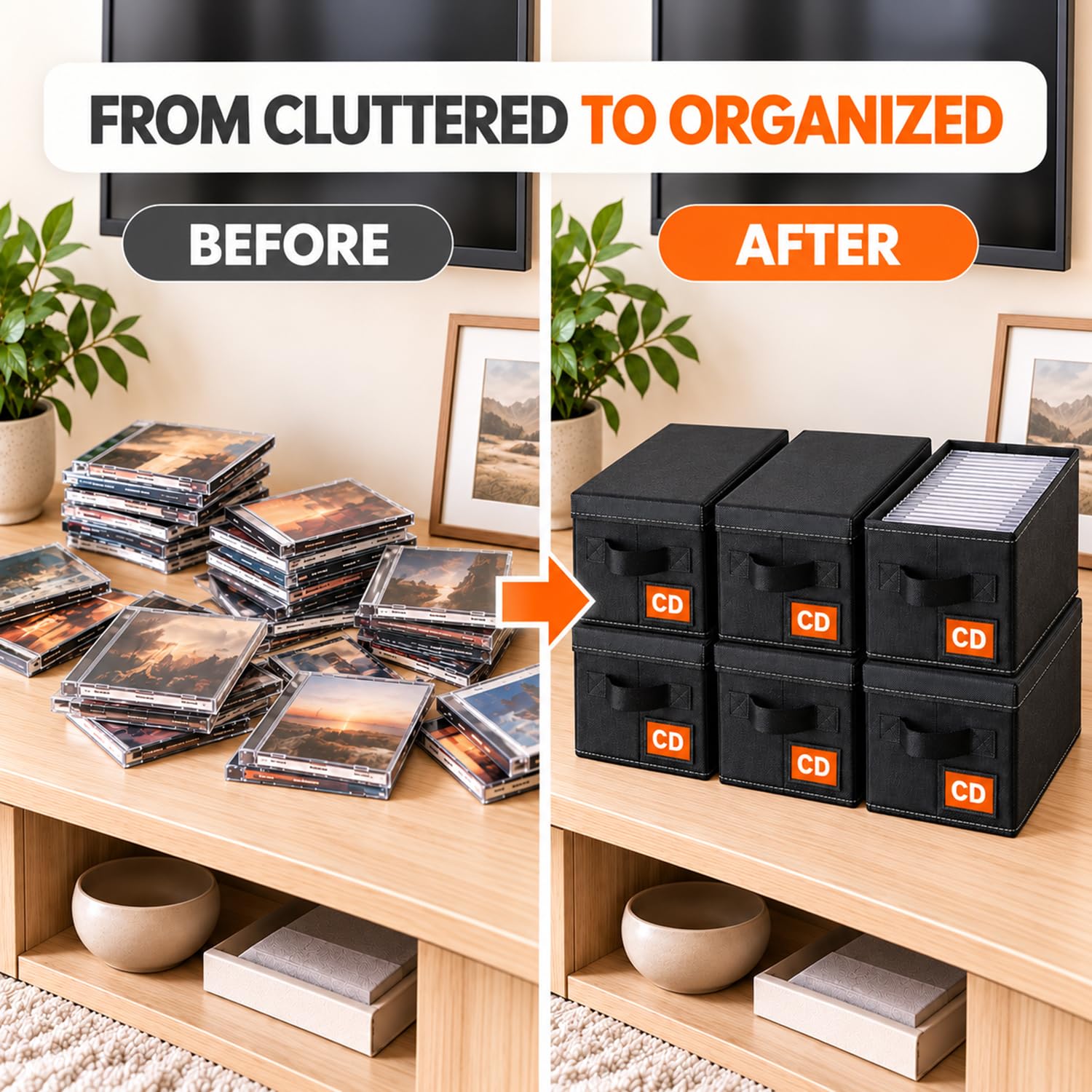 Salajory box on TV stand demonstrating tidy media storage and living room fit