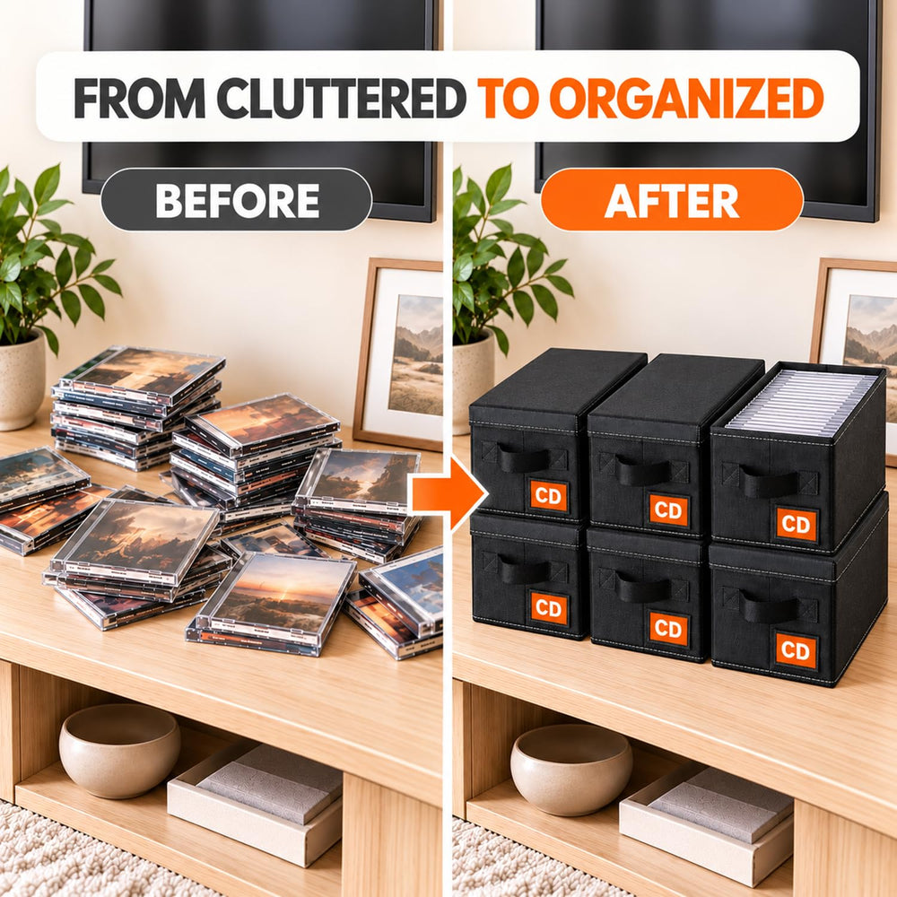 Salajory box on TV stand demonstrating tidy media storage and living room fit