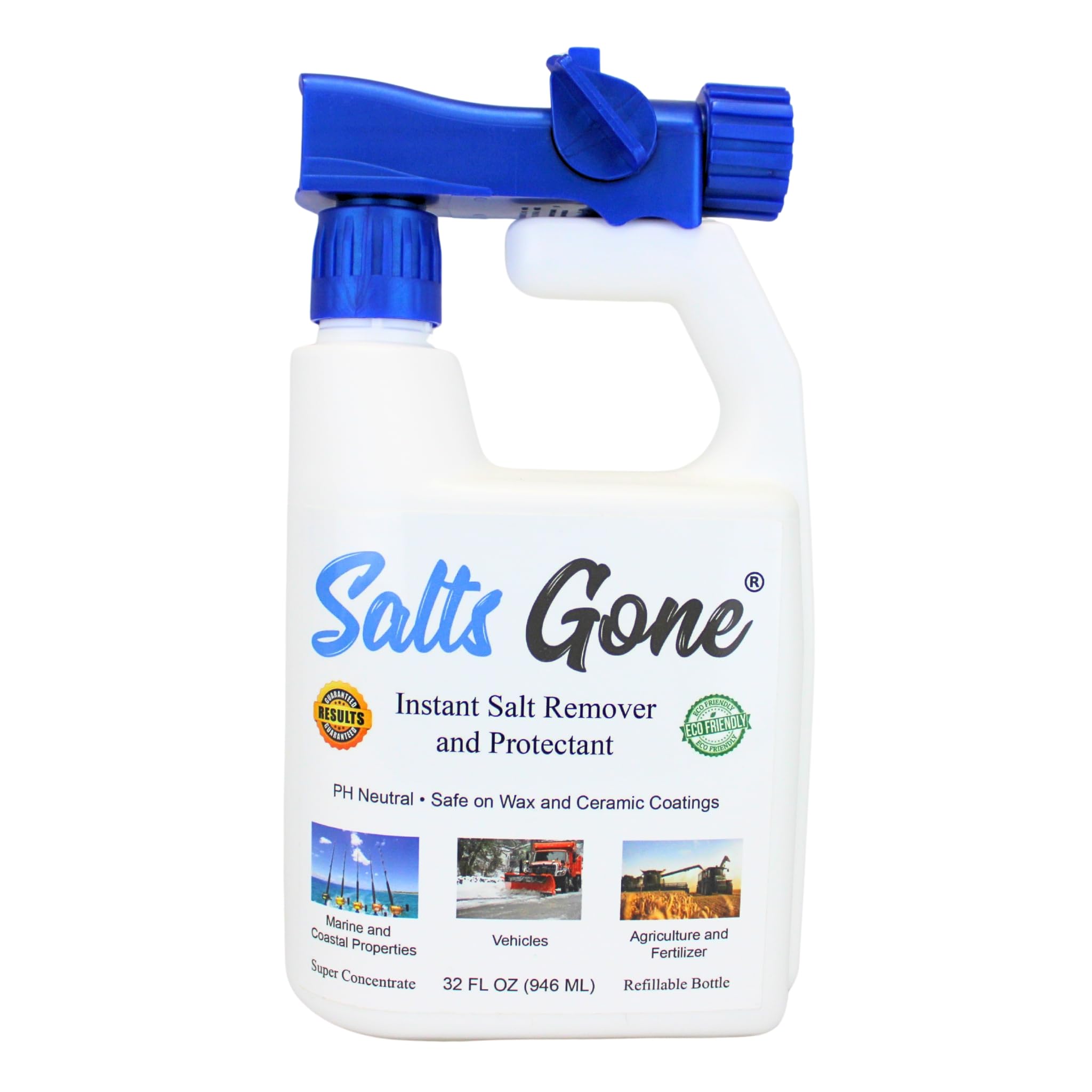 Salts Gone front view with hose-end cap showing ready-to-use convenience