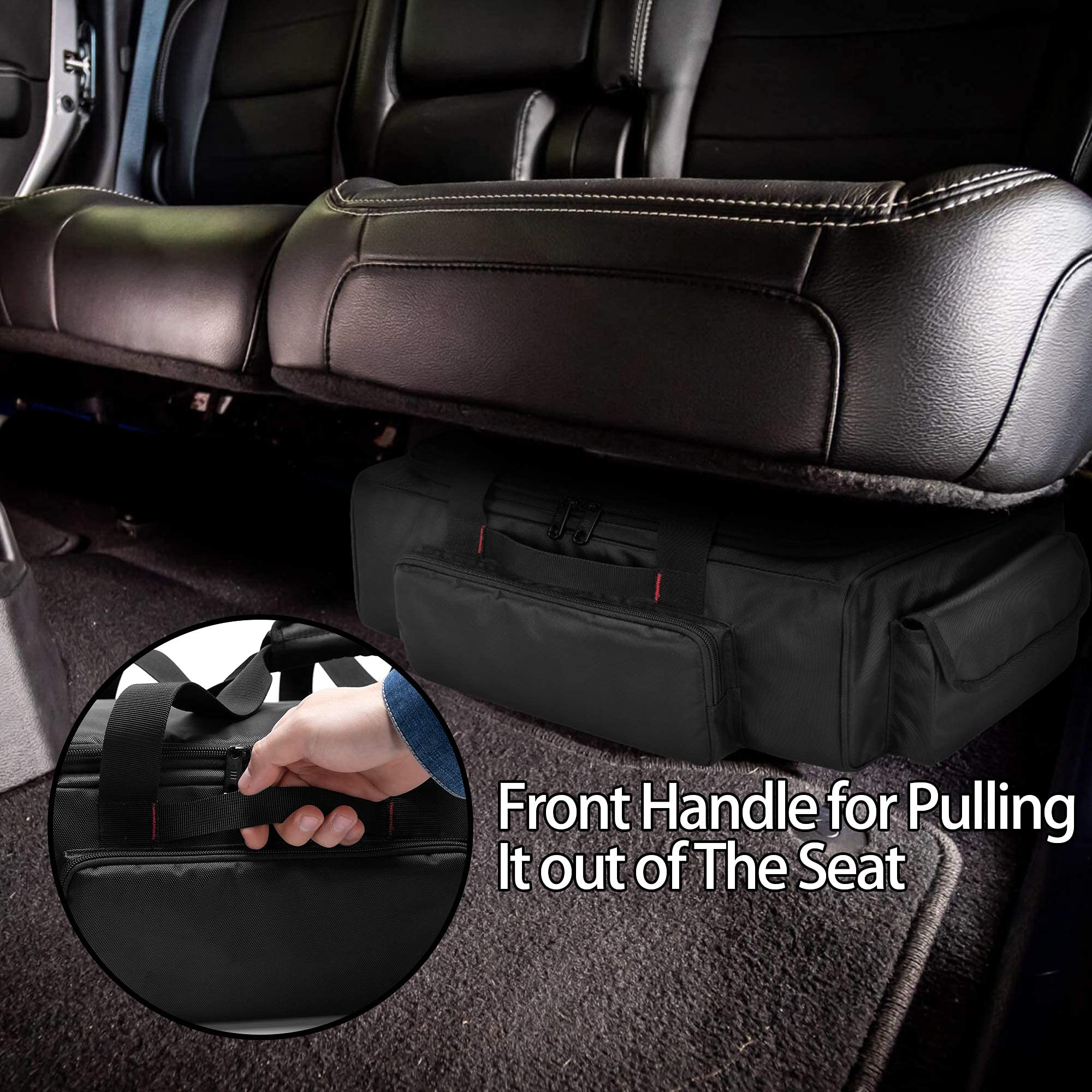 samdew bag tucked under SuperCrew seat keeping truck cabin tidy