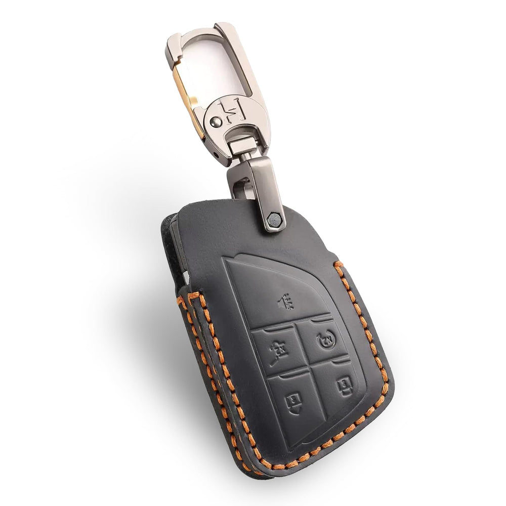 SAMGCHI front view of black leather key fob cover showing precise fit and style