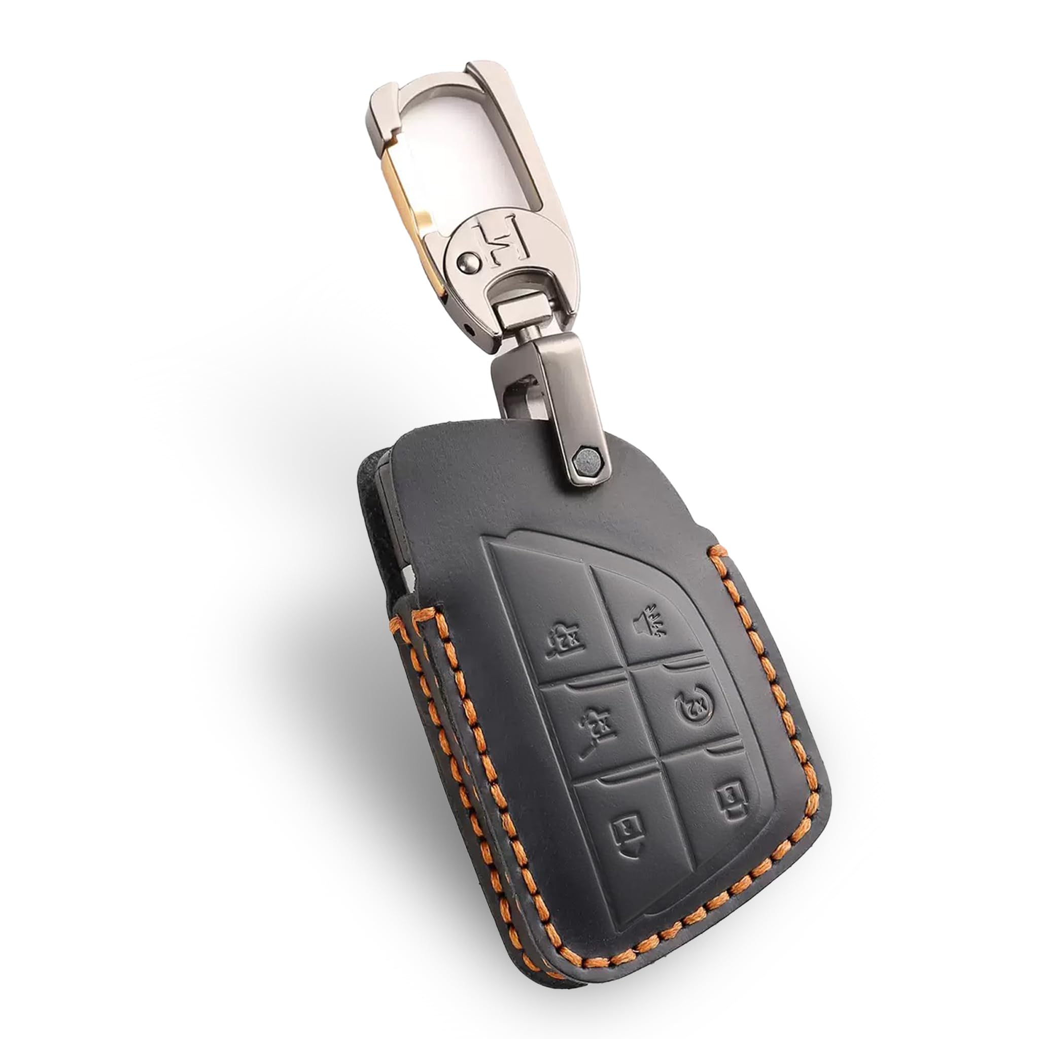 SAMGCHI front view of black leather key fob cover showing neat fit and protection