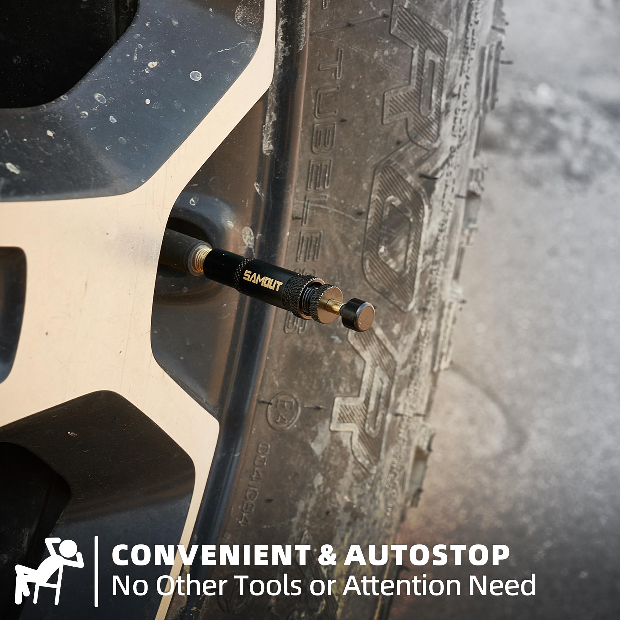 SAMOUT deflator being used at an offroad campsite for fast tire air down