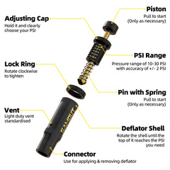 SAMOUT deflator attached to tire valve demonstrating quick auto-stop convenience