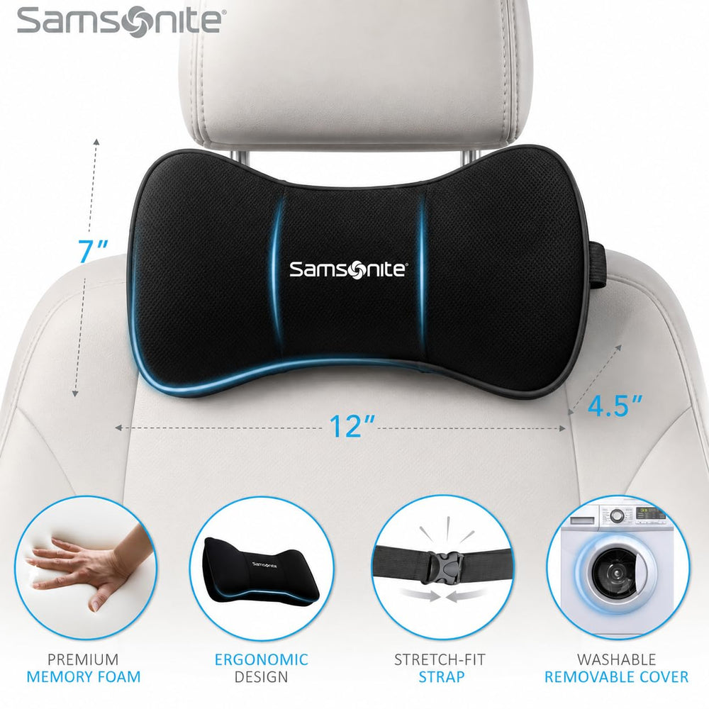 Samsonite pillow attached to car headrest showing secure adjustable strap benefit