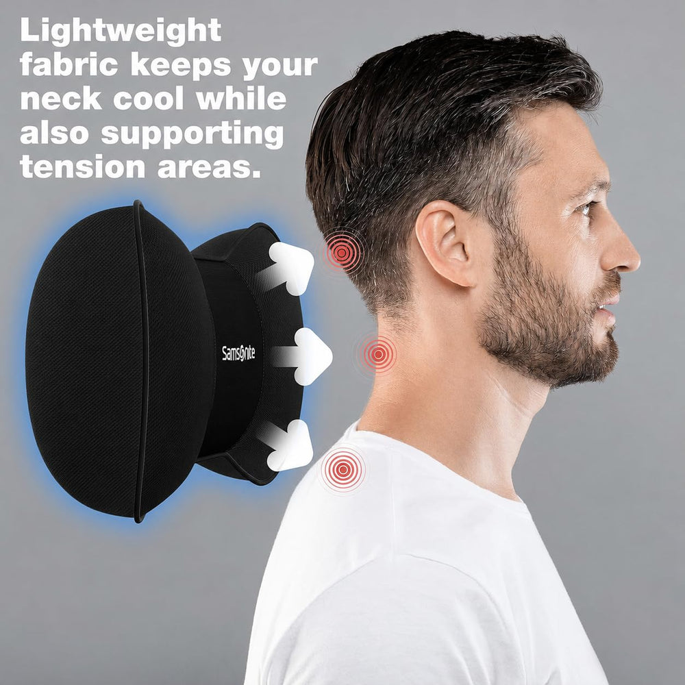 Samsonite pillow next to water bottle showing compact travel-friendly size