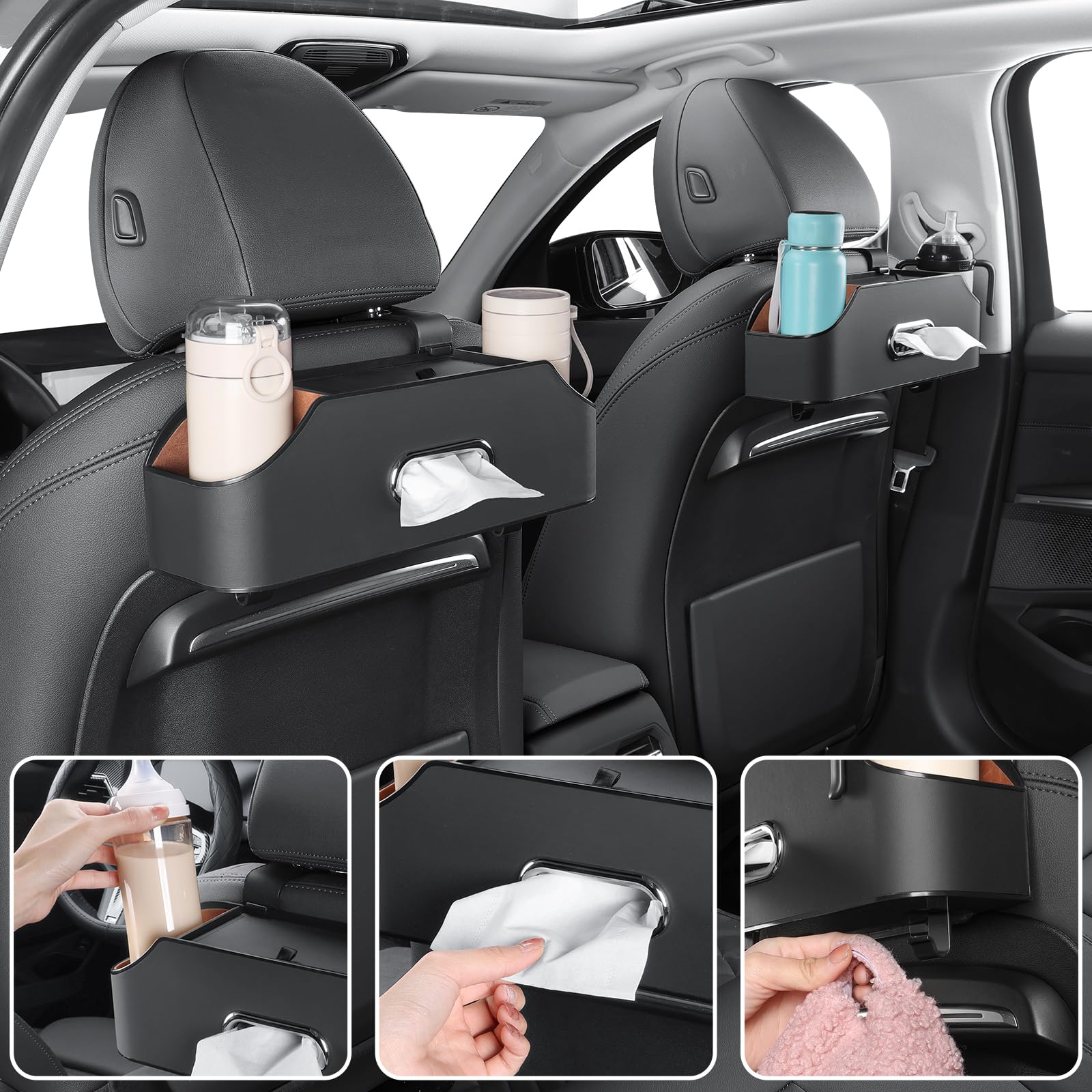 Sancaral installed behind seat with family using drinks and wipes during trip