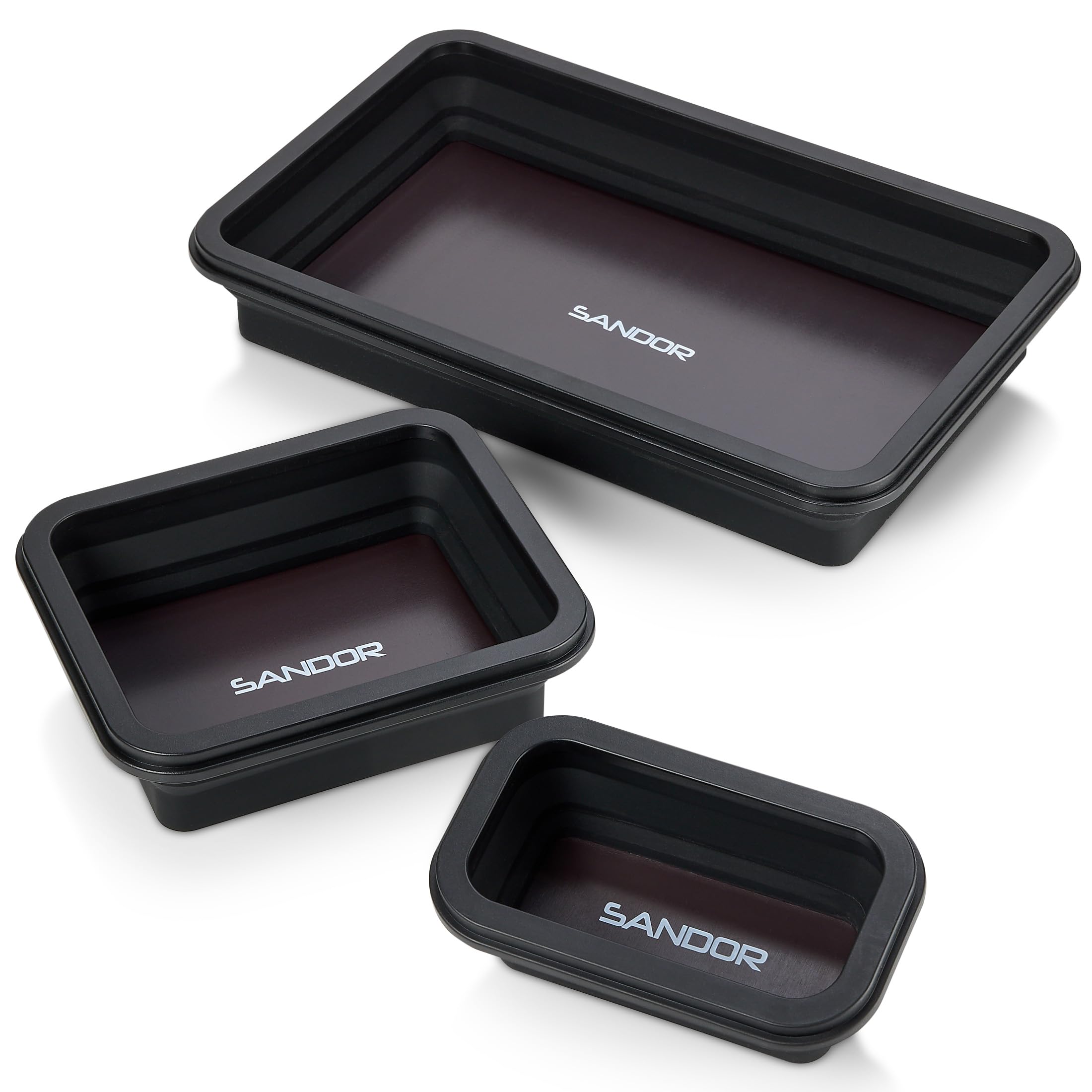 SANDOR front view of three-size trays showing organized parts and quick access