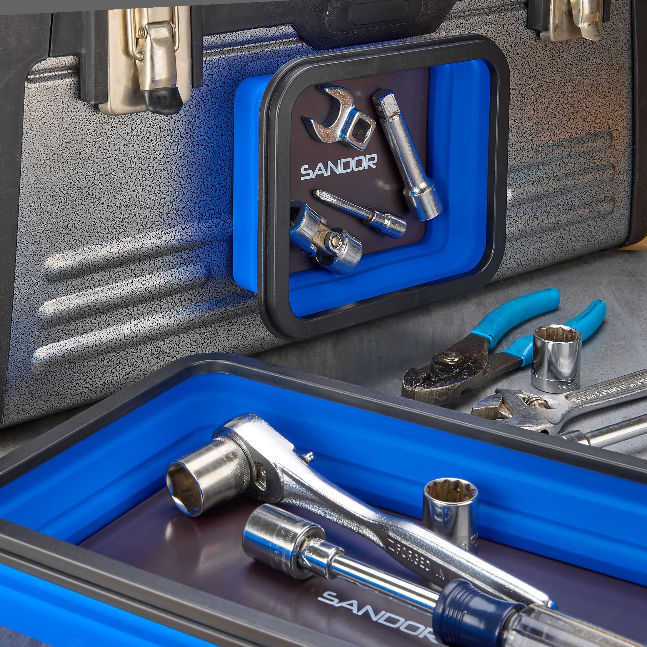 SANDOR tray set on workbench organizing fasteners for faster workflow