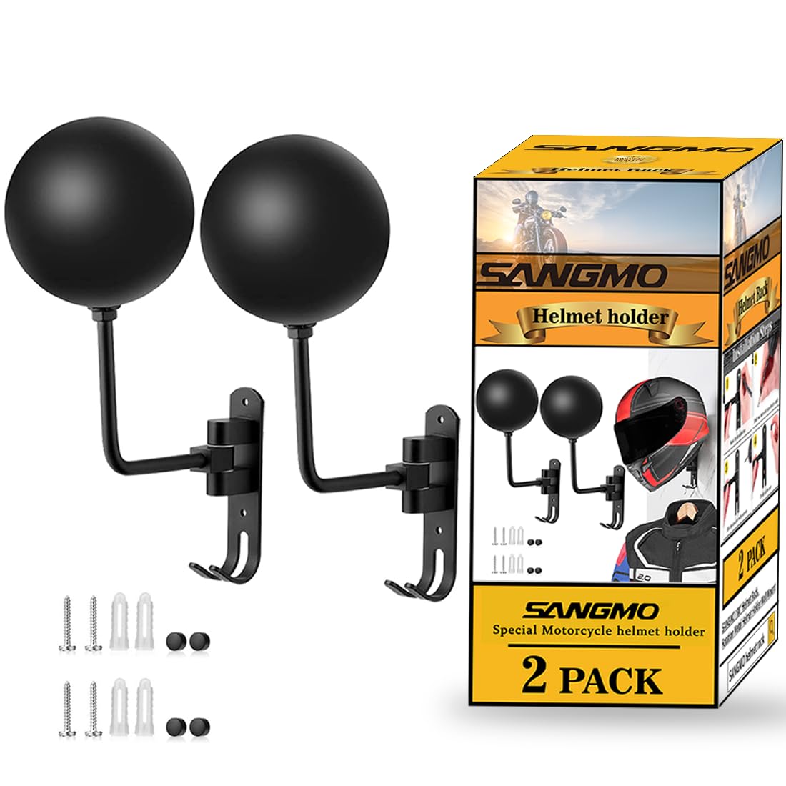 SANGMO helmet rack front view showing sturdy steel and tidy storage benefit