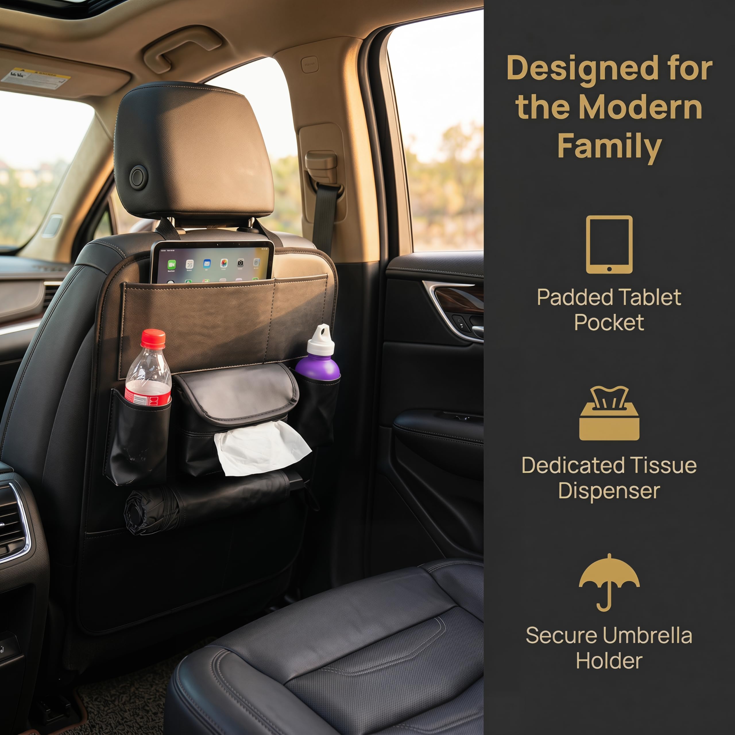 SANMITTI organizer installed in SUV backseat demonstrating universal fit and protection