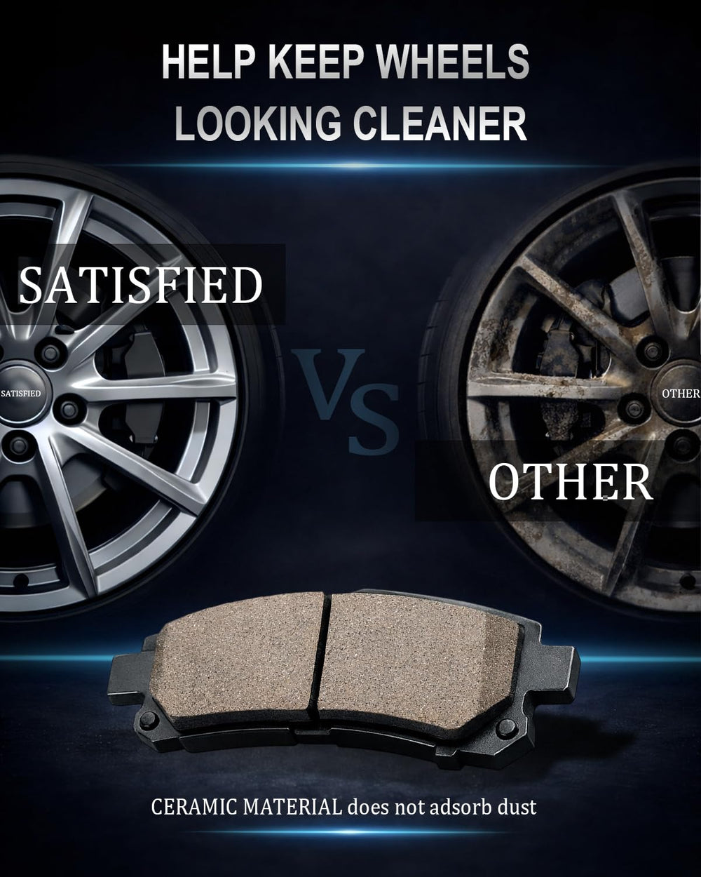 SATISFIED comparison showing low brake dust keeping wheel cleaner