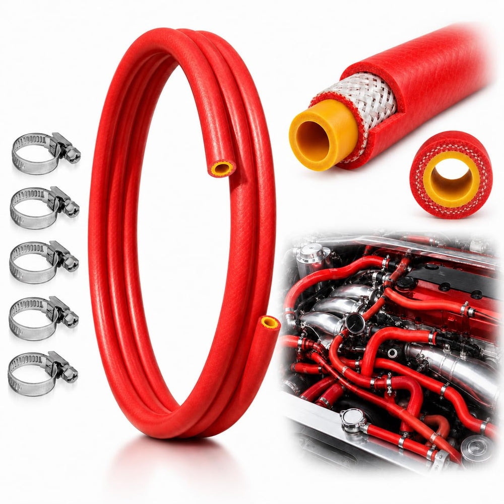 SATUGUOJI front view of 5ft red silicone heater hose kit showing contents and color benefits
