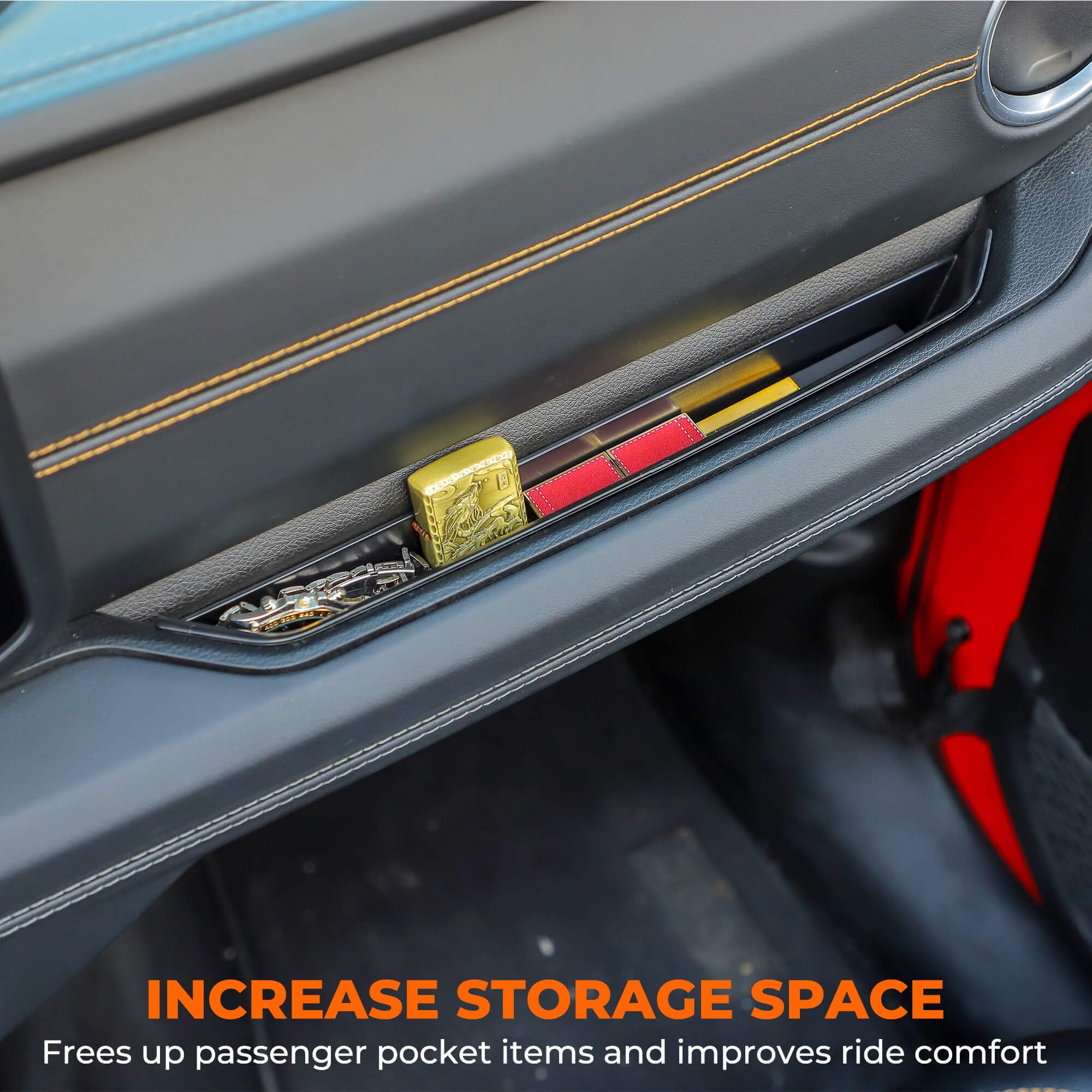 Savadicar tray installed on passenger side adding quick-access storage