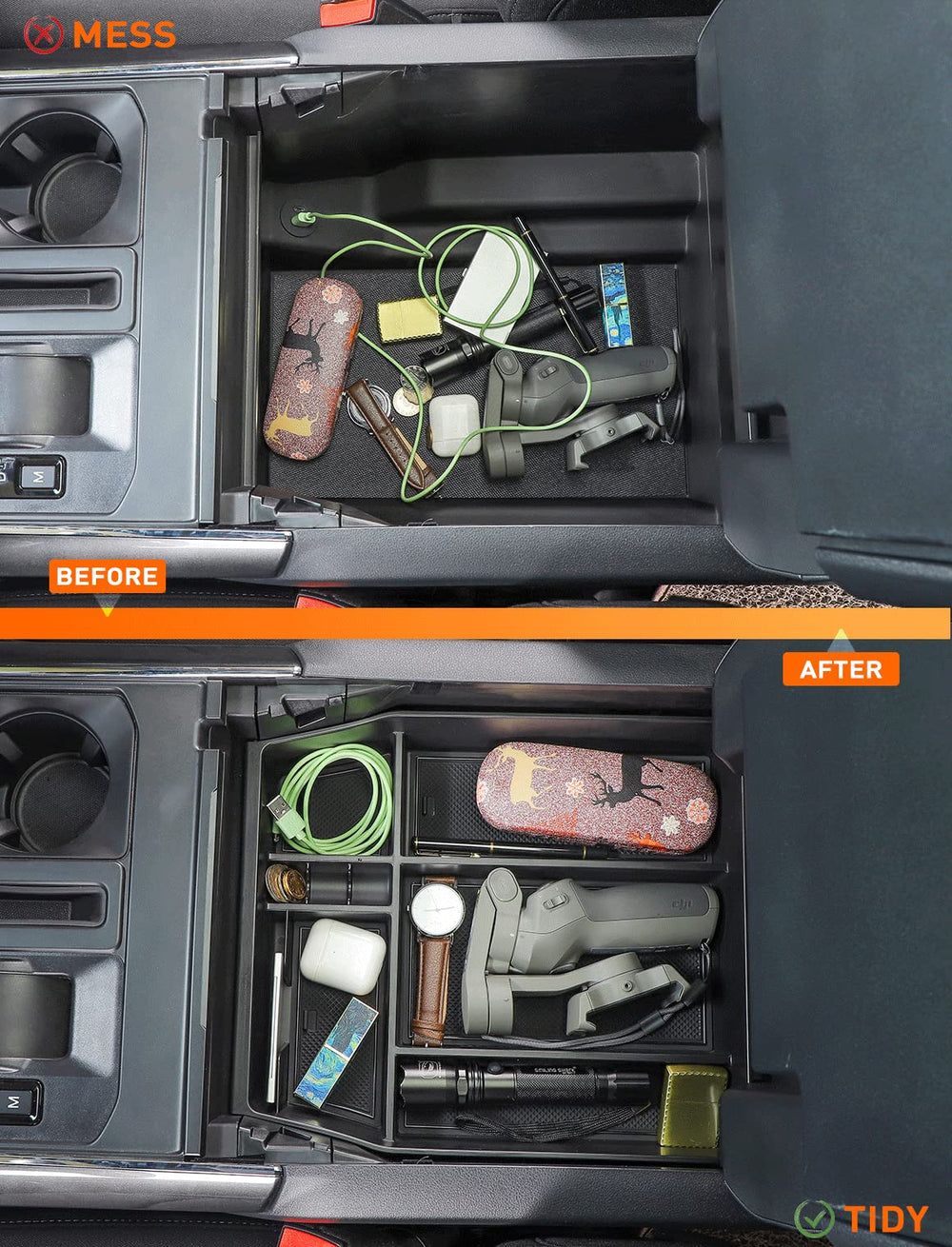 Savadicar tray holding keys phone coins demonstrating fast access benefit