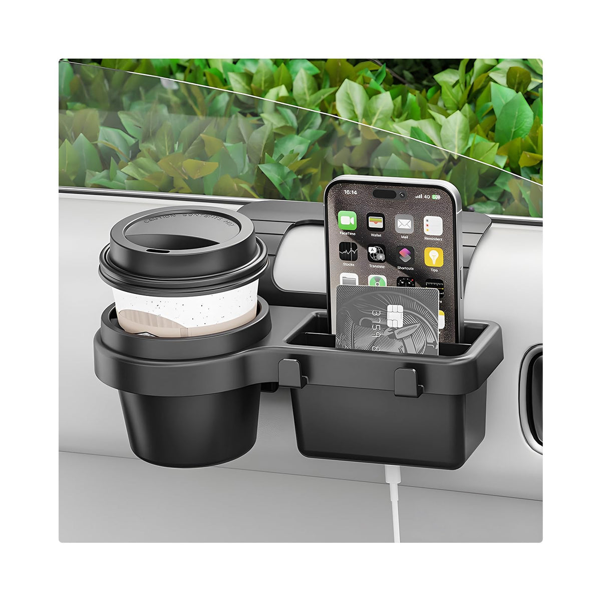 Sbulhia front view showing organizer holding cup and phone for neat storage