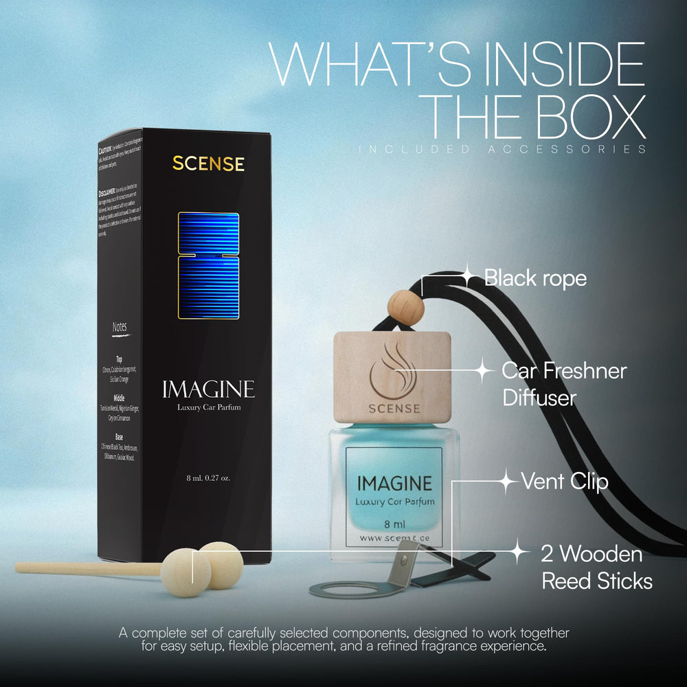 SCENSE IMAGINE label close-up listing real essential oil notes and origin