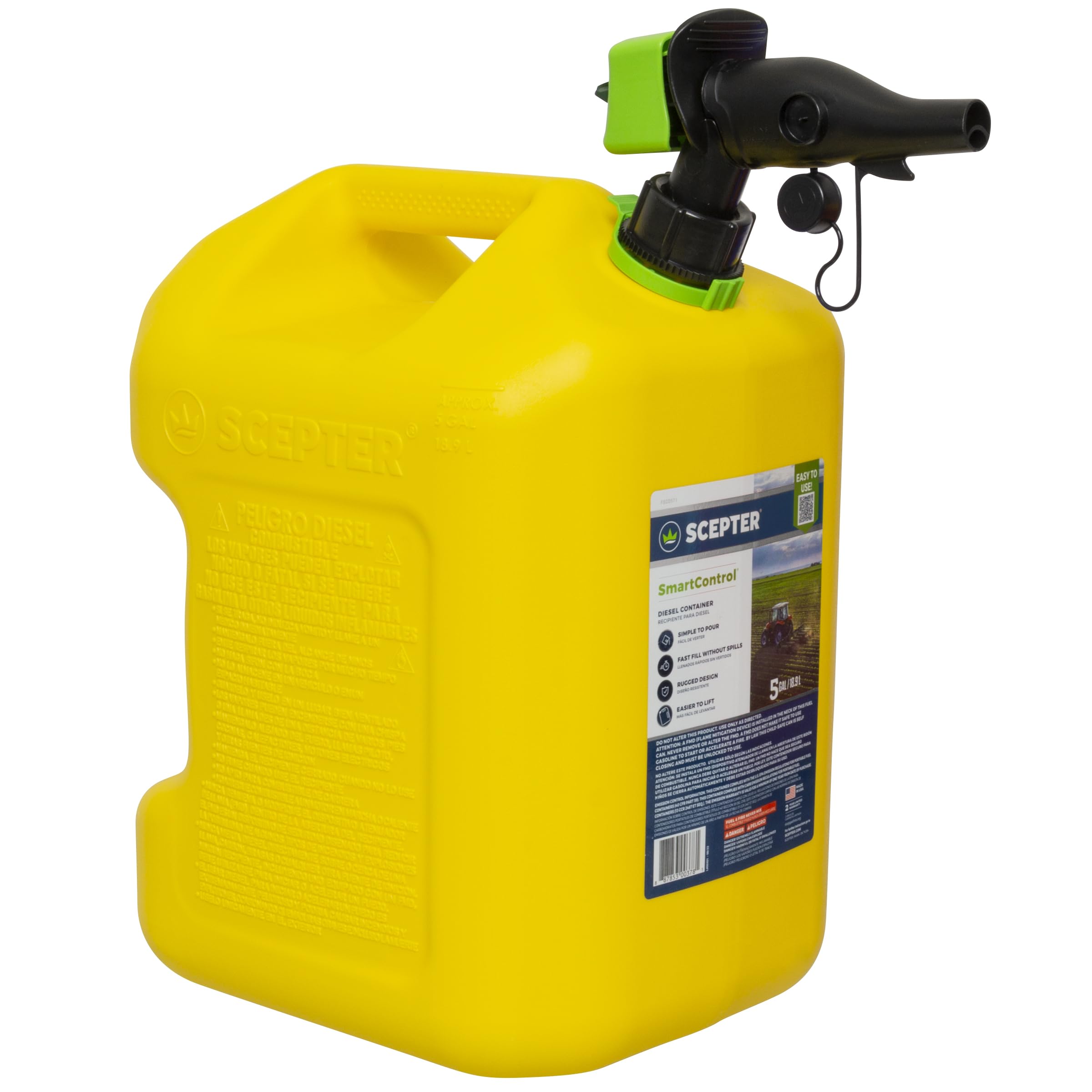 Scepter 5 gallon diesel can front view showing durable body and yellow finish for easy identification and safety