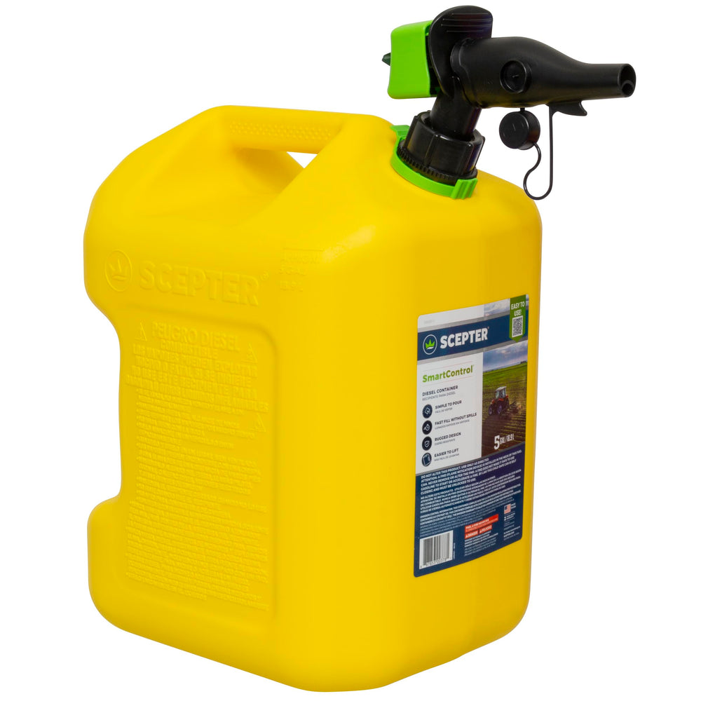 Scepter 5 gallon diesel can front view showing durable body and yellow finish for easy identification and safety