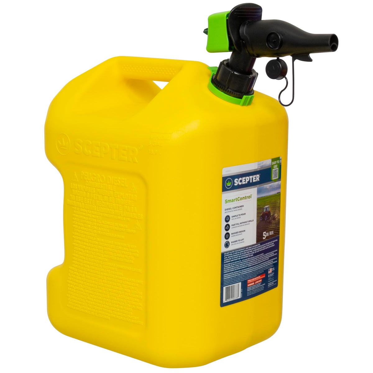 Scepter 5 gallon diesel can front view showing durable body and yellow finish for easy identification and safety