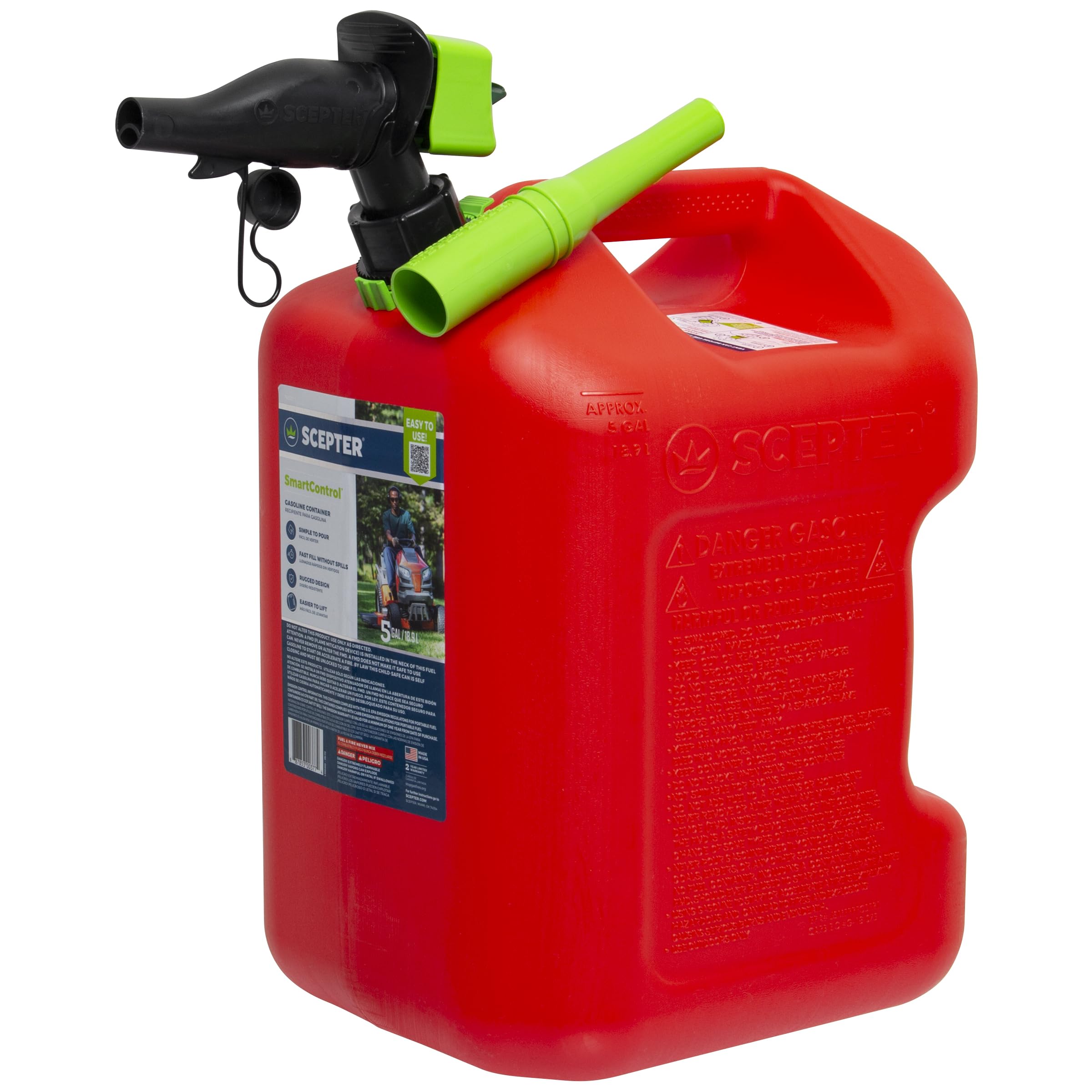 Scepter red 5-gallon can front view showing durable body and handle for easy transport