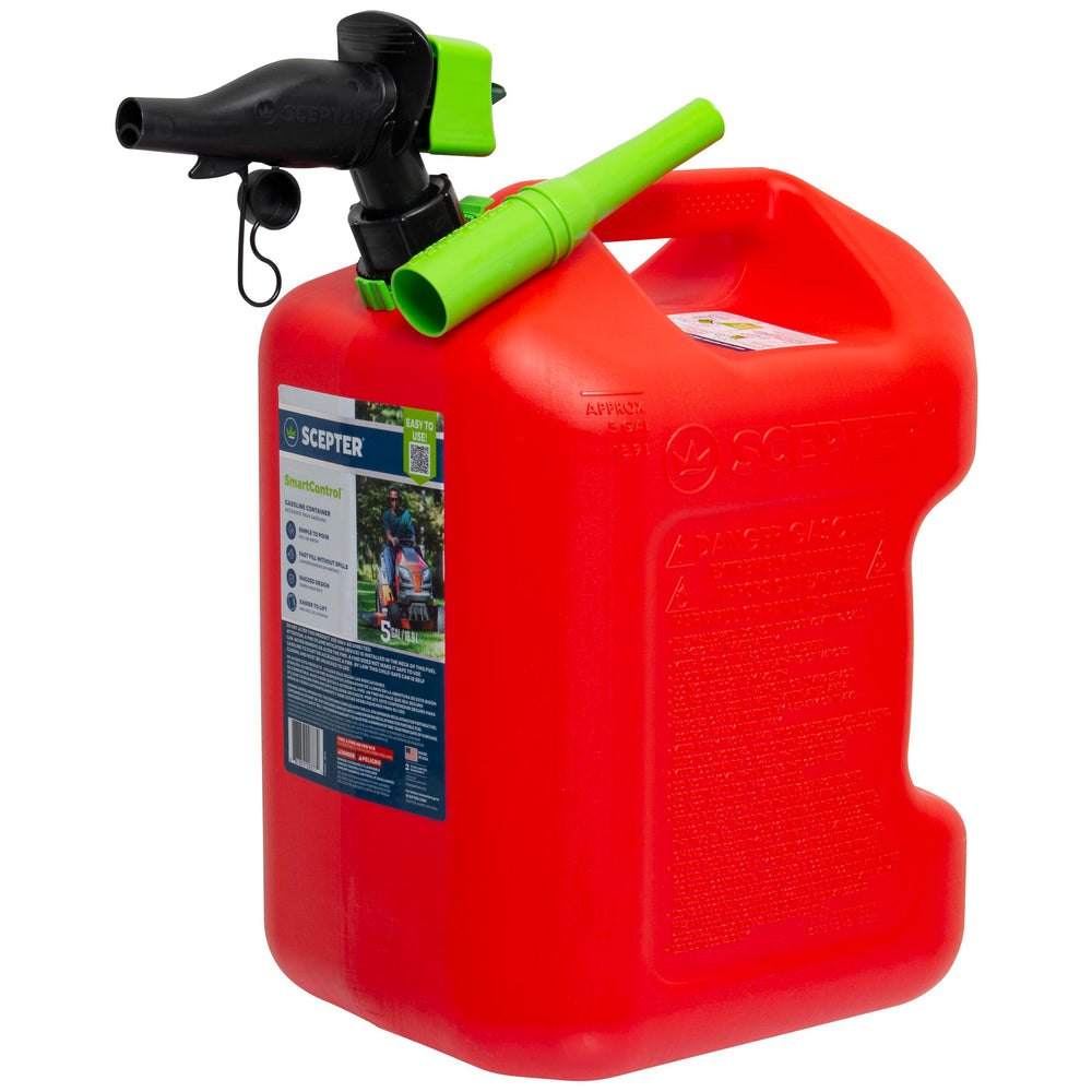 Scepter red 5-gallon can front view showing durable body and handle for easy transport