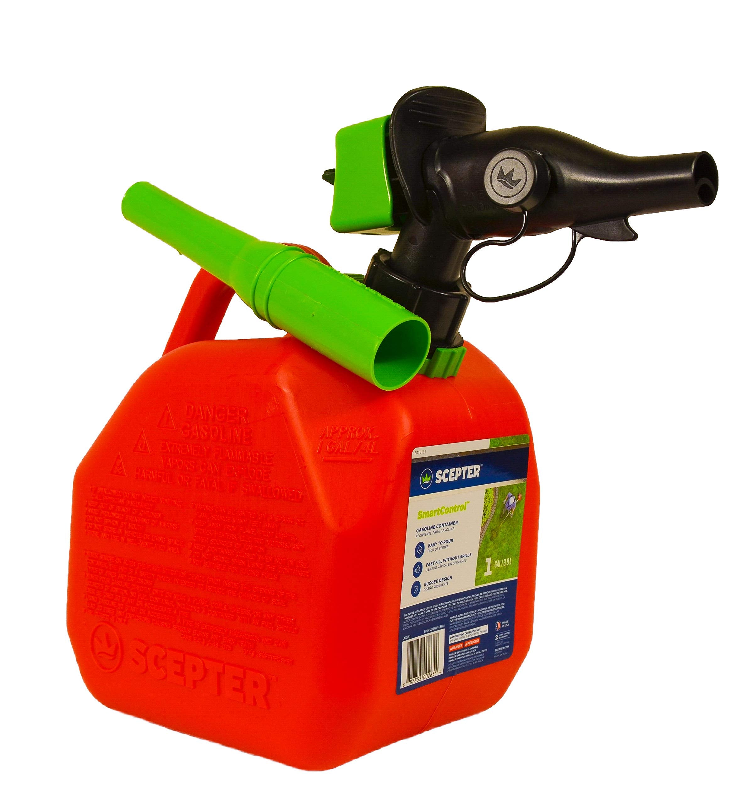 Scepter front view of red 1 gallon gas can showing compact shape and easy handling
