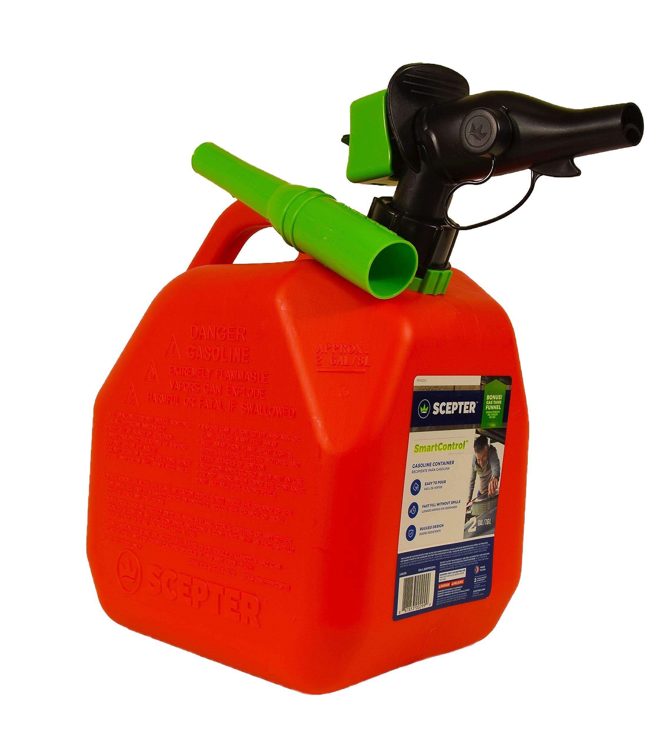 Scepter front view of red 2-gallon gas can for easy transport and refills