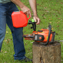 Scepter funnel stored on can ring for quick access and spill-free pouring