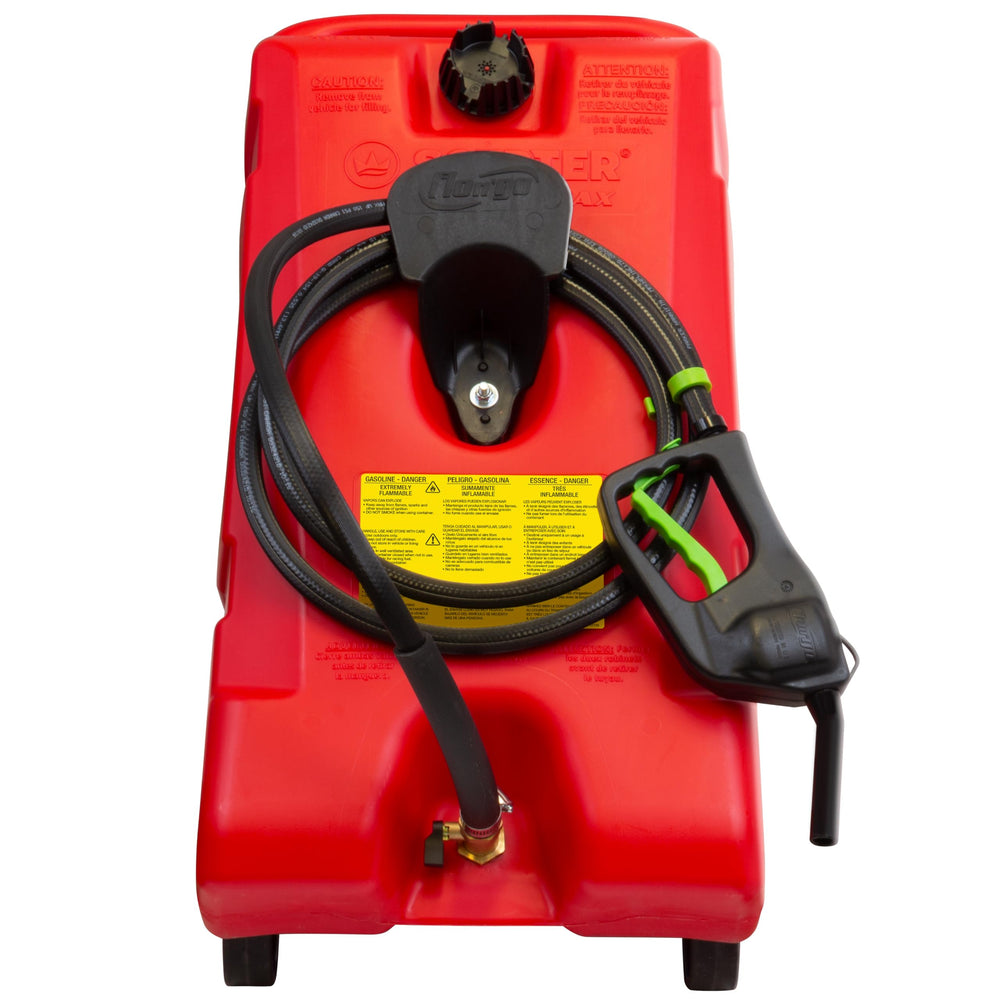 Scepter fueling a ride-on mower demonstrating convenient on-site refueling