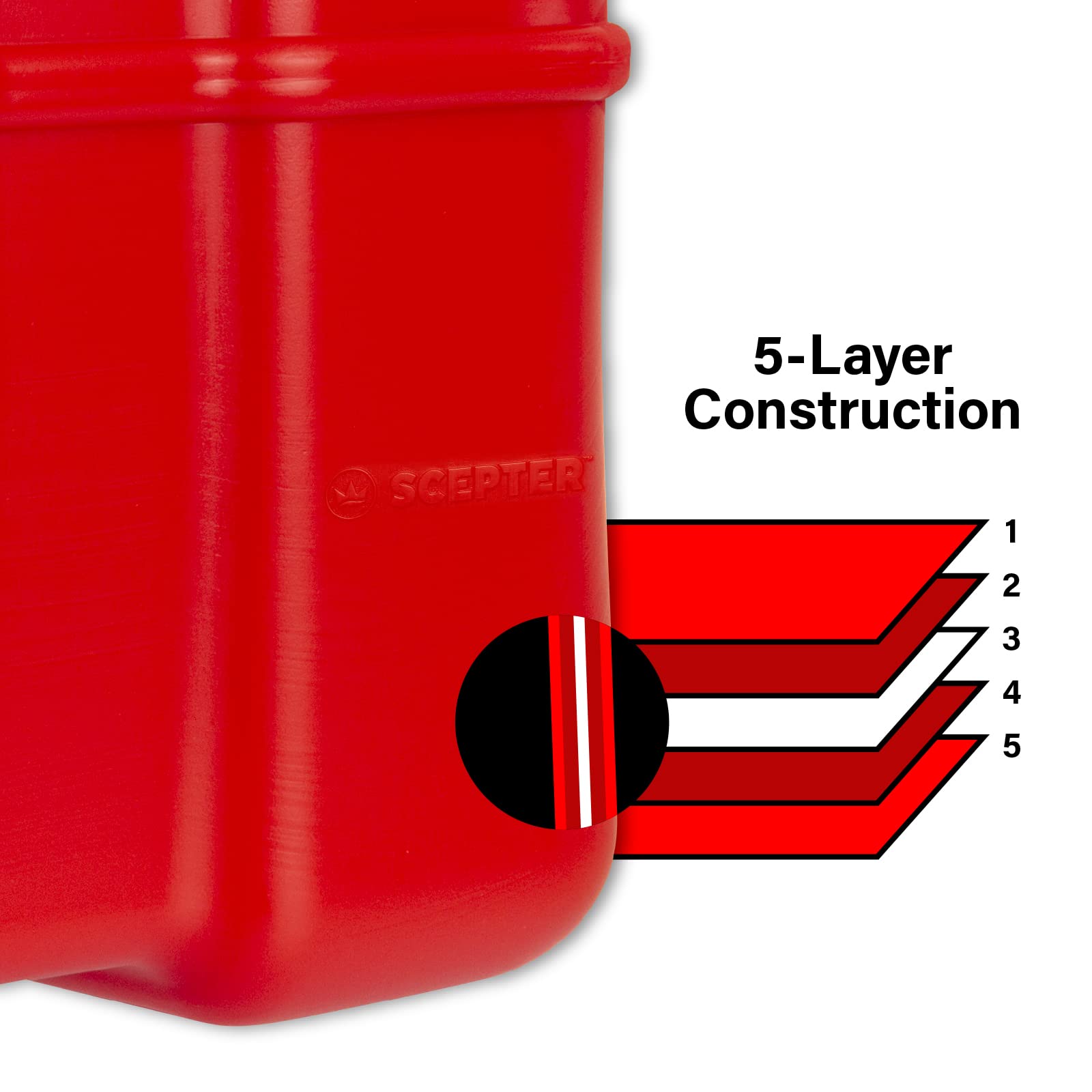 Scepter side profile with label showing HDPE construction and safety info