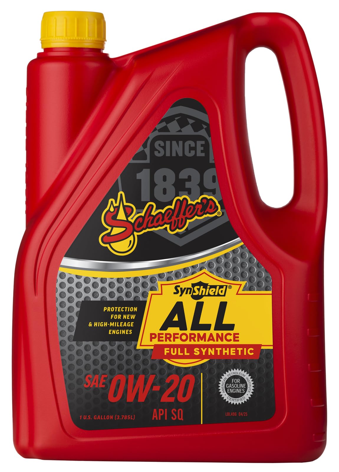 Schaeffer SynShield 0W-20 front label showing product name and volume benefits