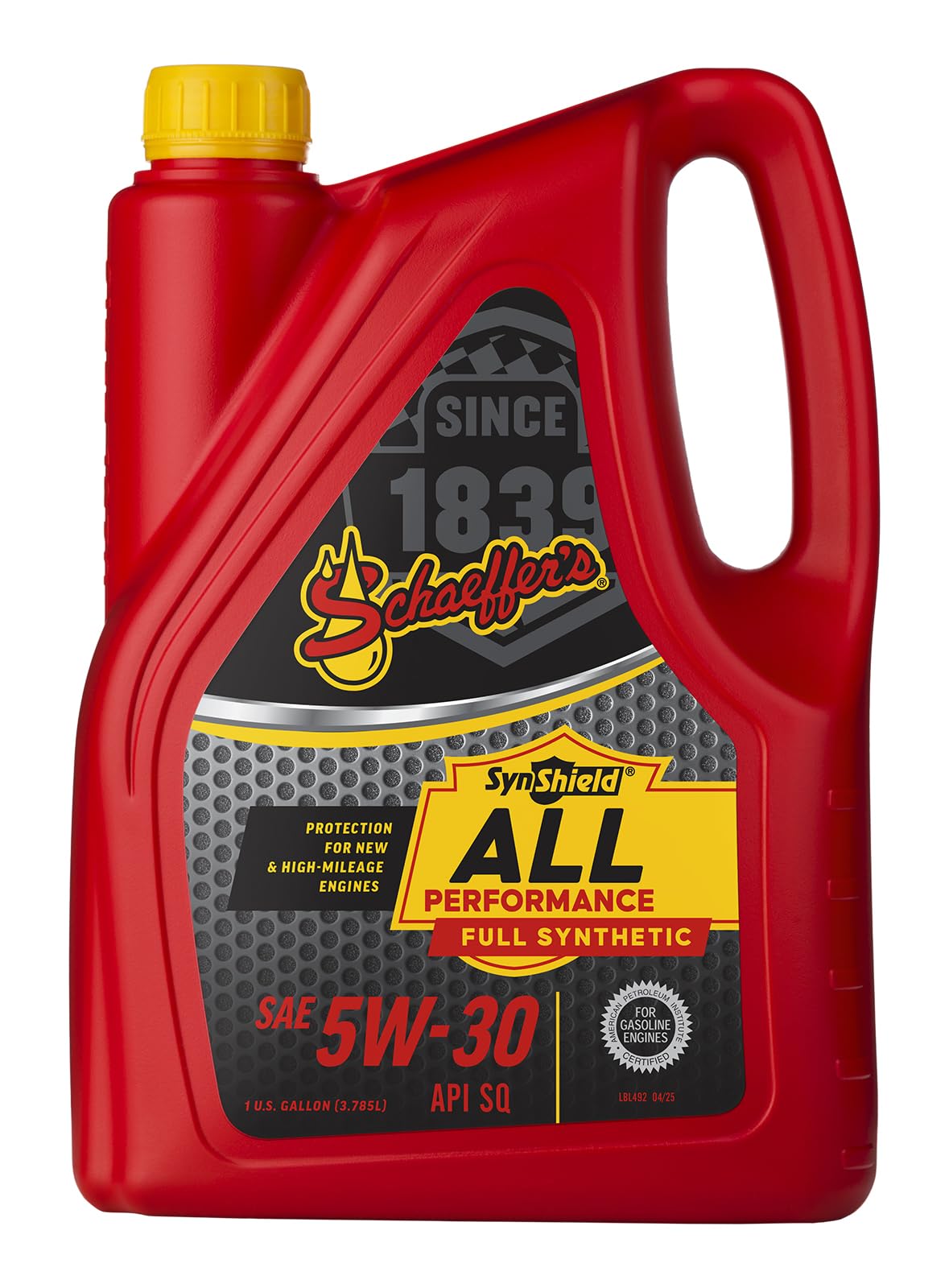 Schaeffer SynShield 5W-30 one-gallon bottle showing front packaging and brand for reliable protection