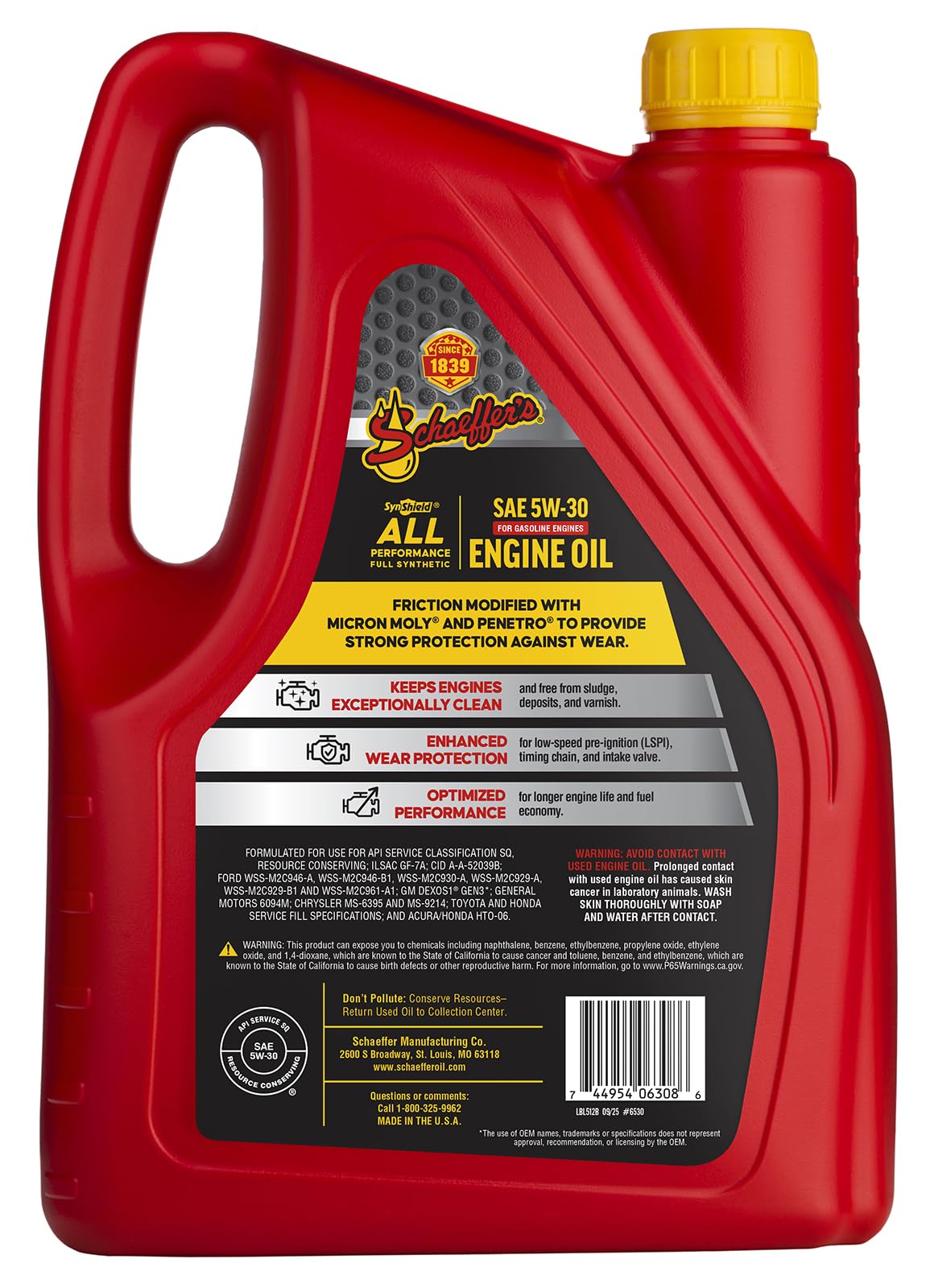 Schaeffer SynShield label close-up highlighting specifications and benefits for engine longevity