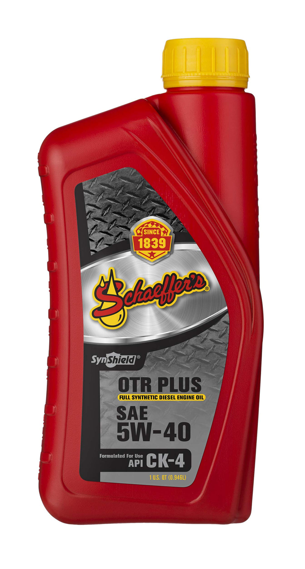 Schaeffer SynShield OTR Plus 5W-40 front bottle showing label and specs for easy identification and correct use