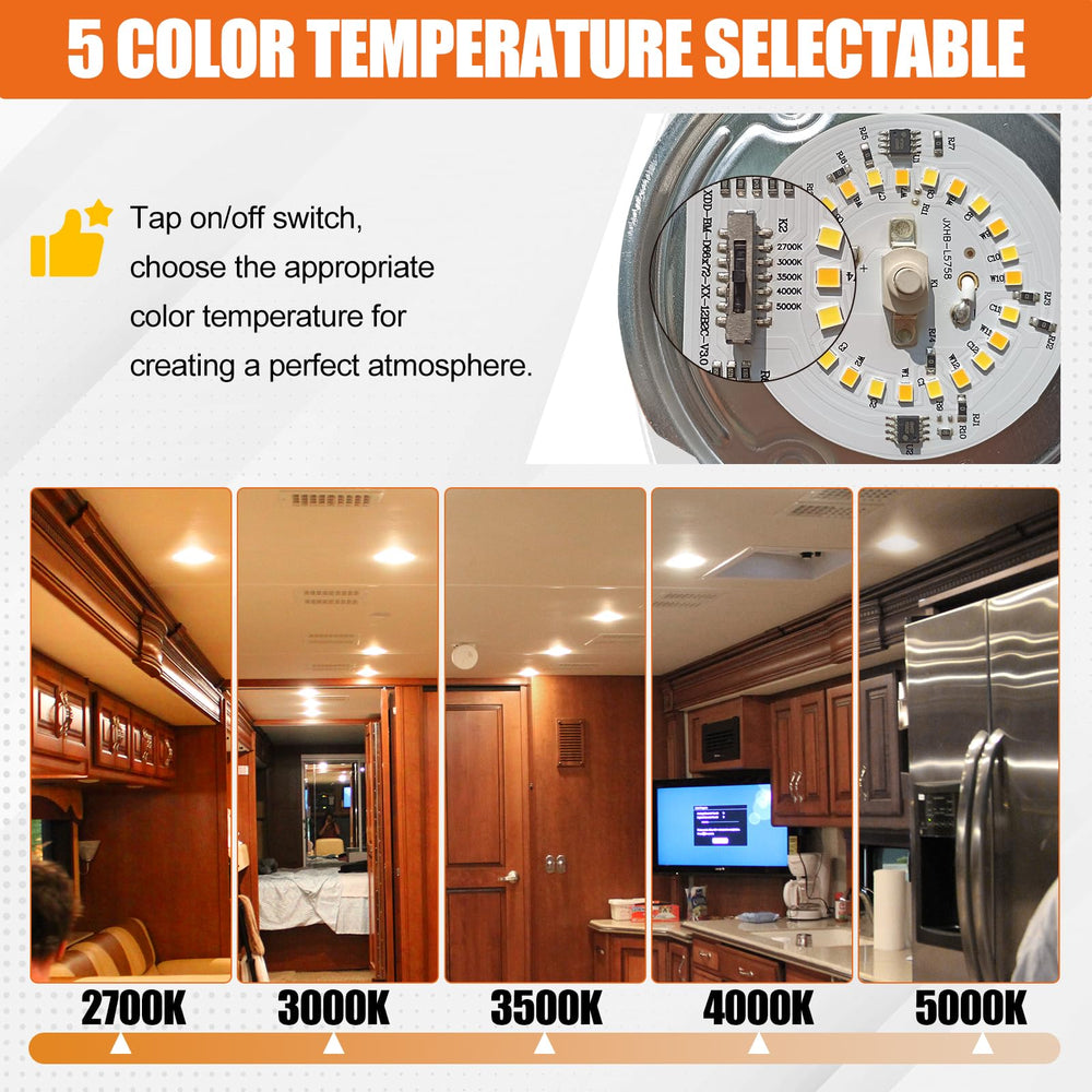 Scheinenda lit in RV ceiling showing warm atmosphere and battery-friendly benefit
