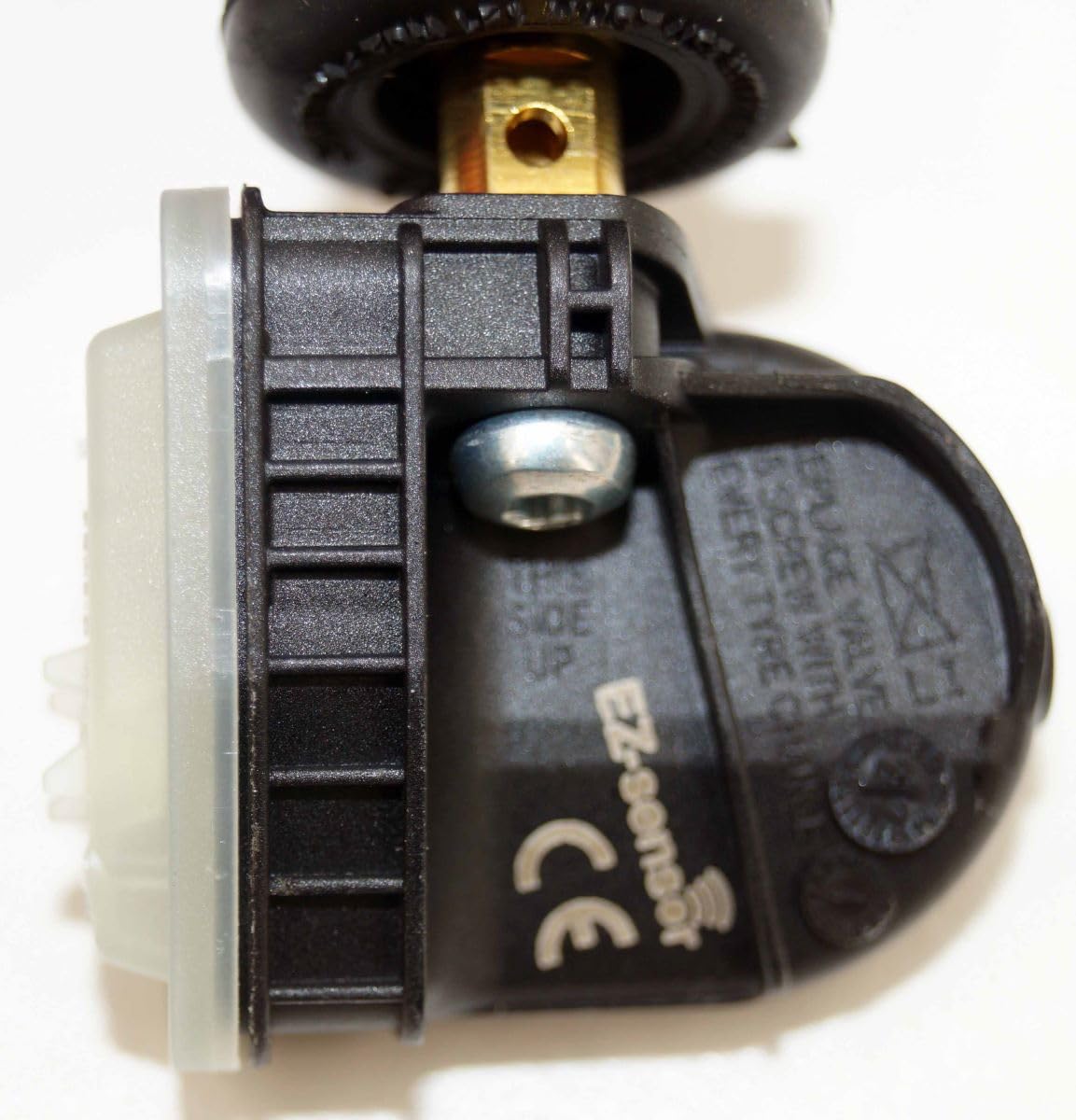 Schrader EZ-Sensor close-up of valve stem showing secure fit and leak prevention benefit