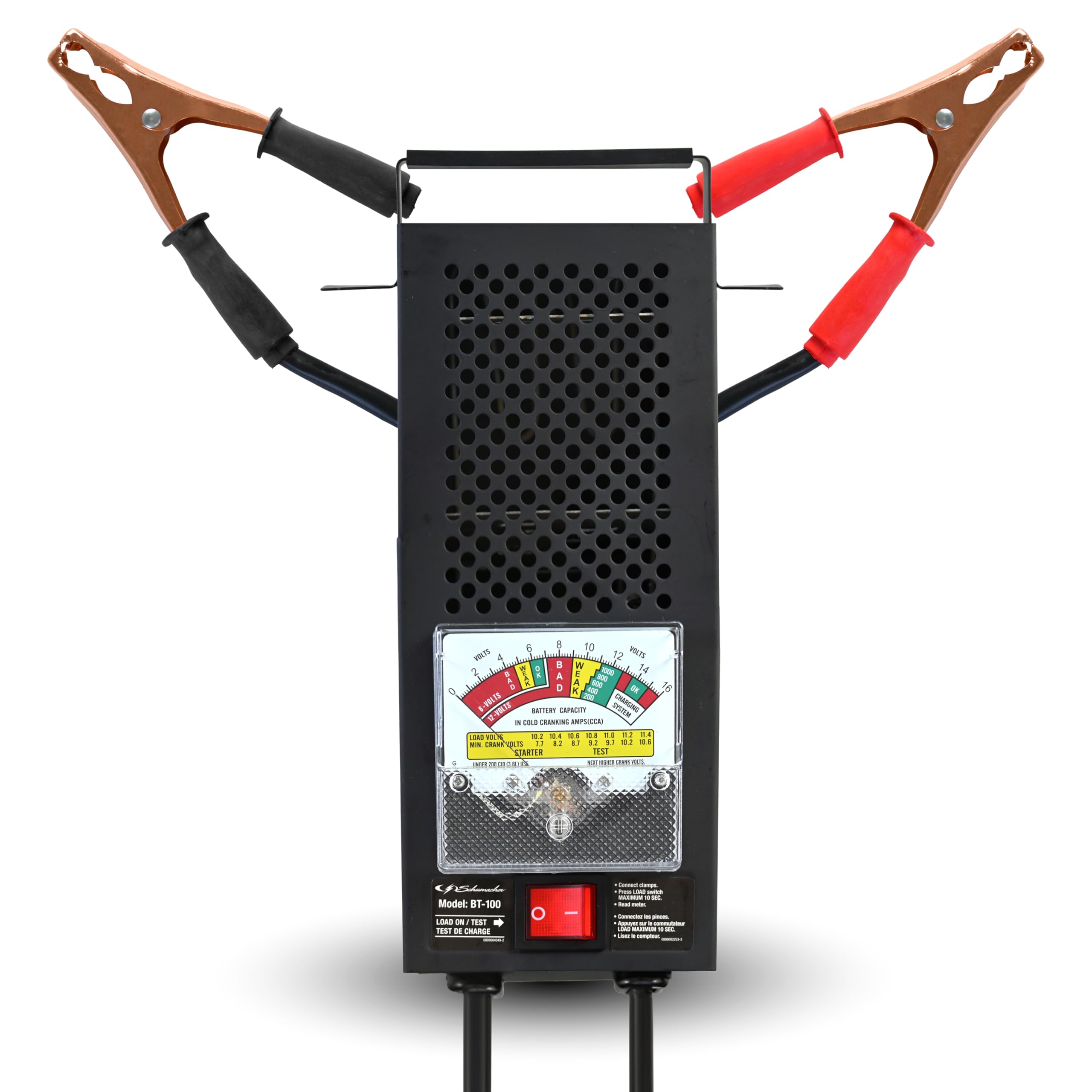 Schumacher BT-100 front view showing meter and rocker switch for quick diagnostics