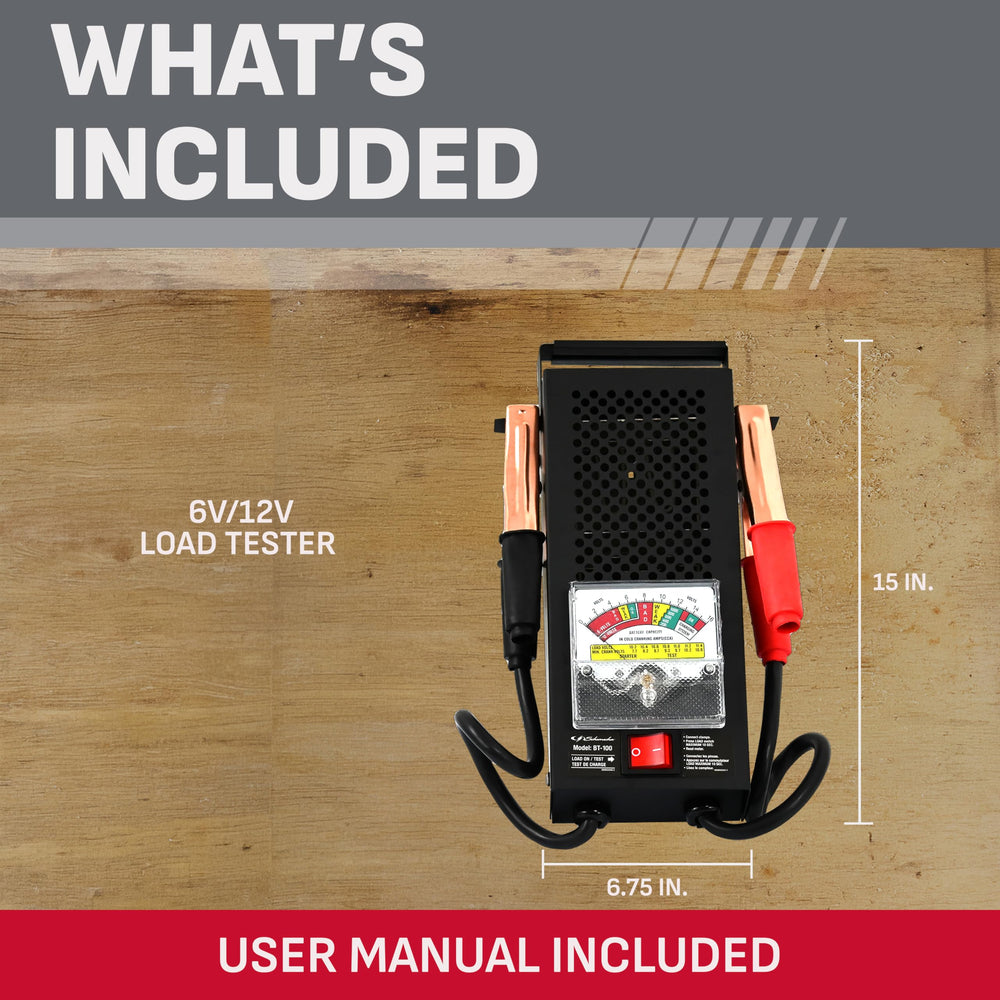 Schumacher BT-100 label and specifications closeup for quick reference and confidence