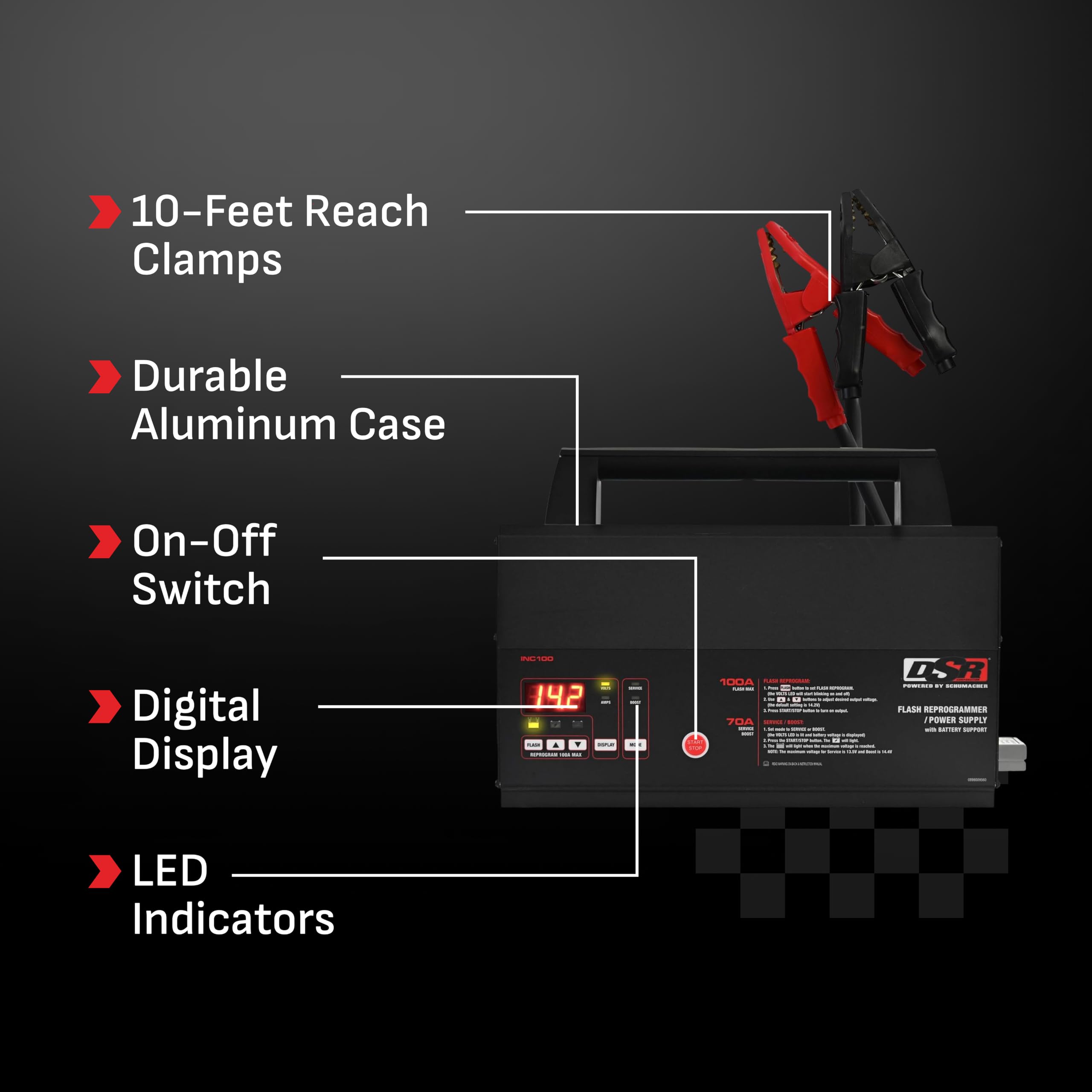 Schumacher INC100 Anderson Plug connection for secure high-current hookup and consistent performance