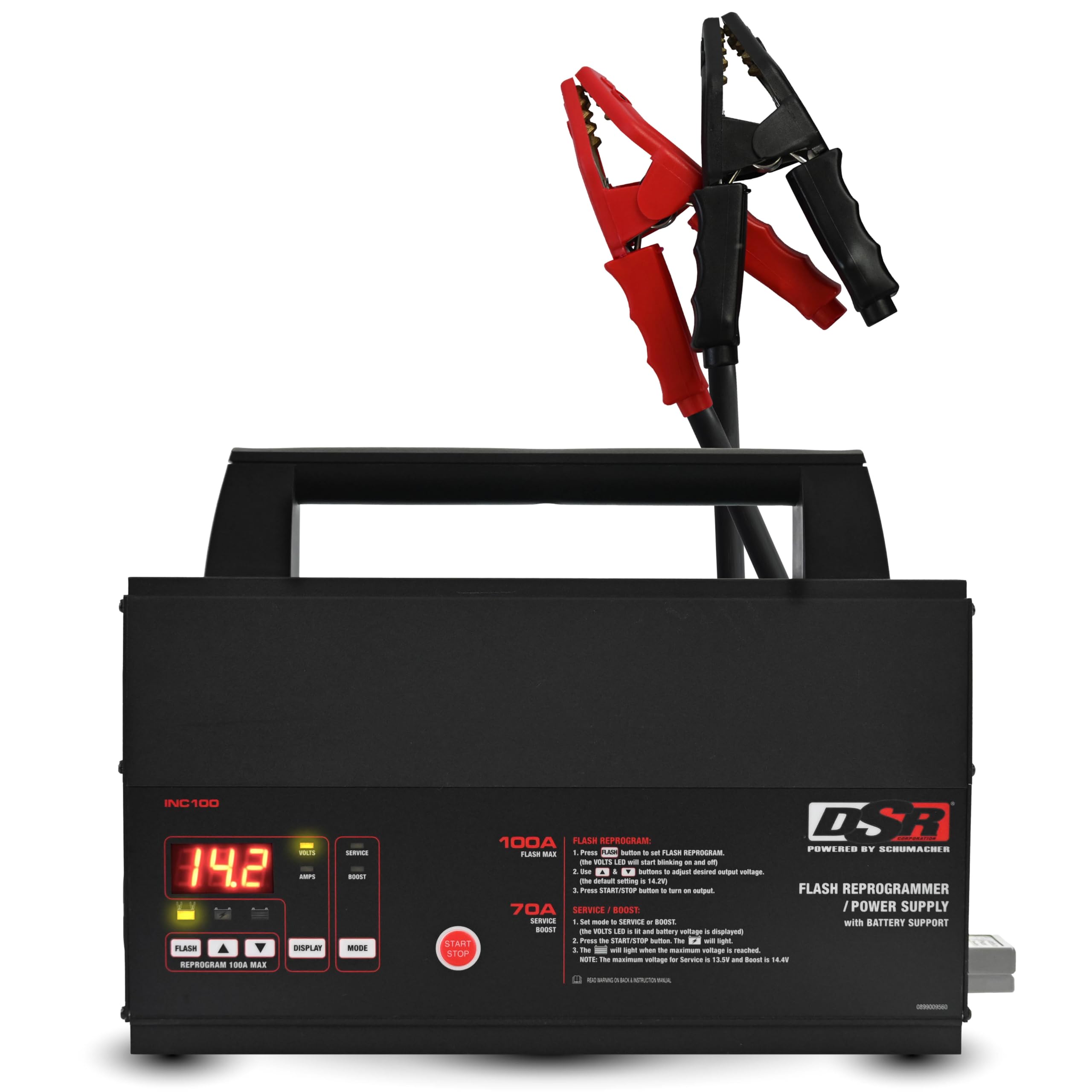 Schumacher INC100 front panel showing controls and robust housing for reliable shop power