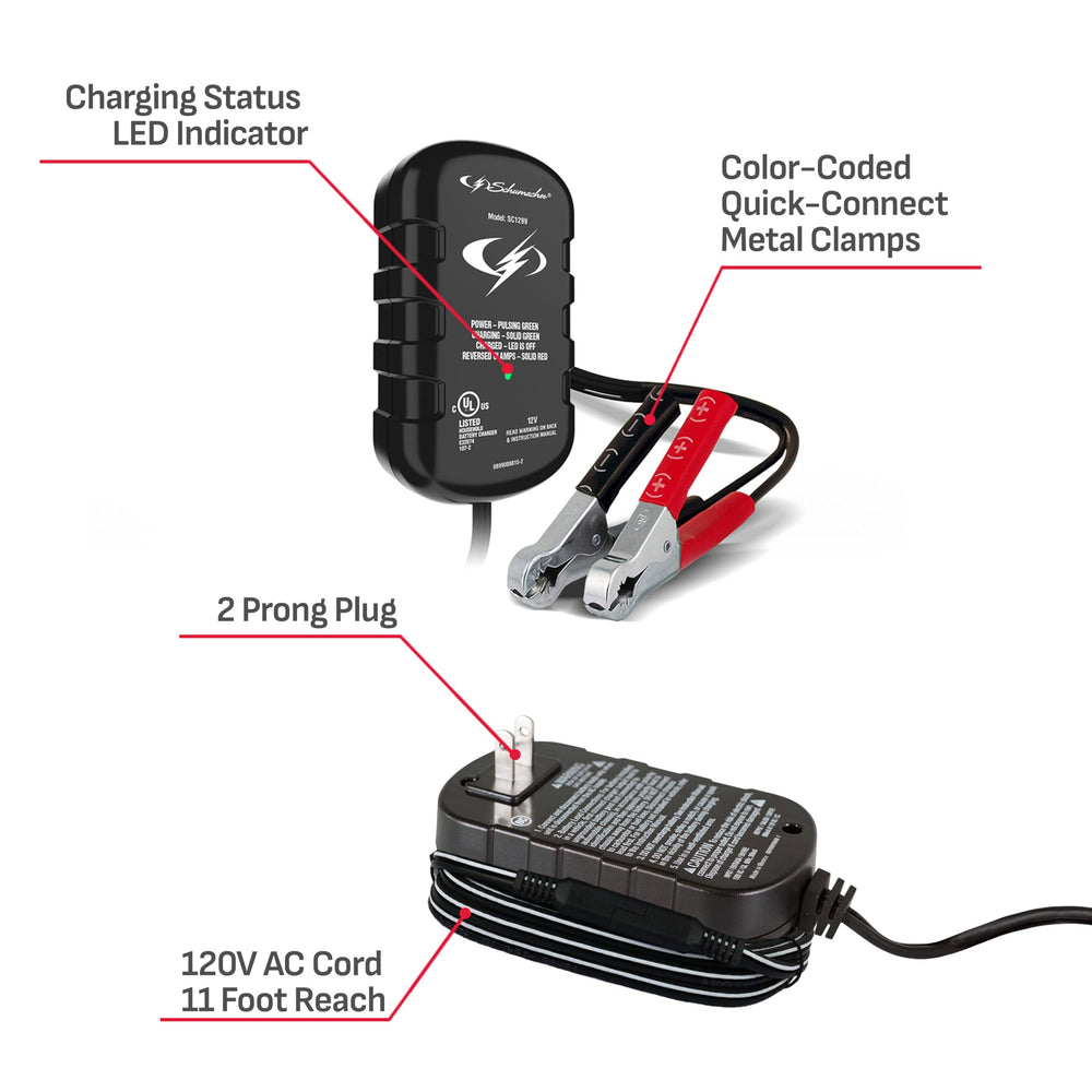 Schumacher SC1299 connected to a motorcycle battery illustrating reliable maintenance benefit