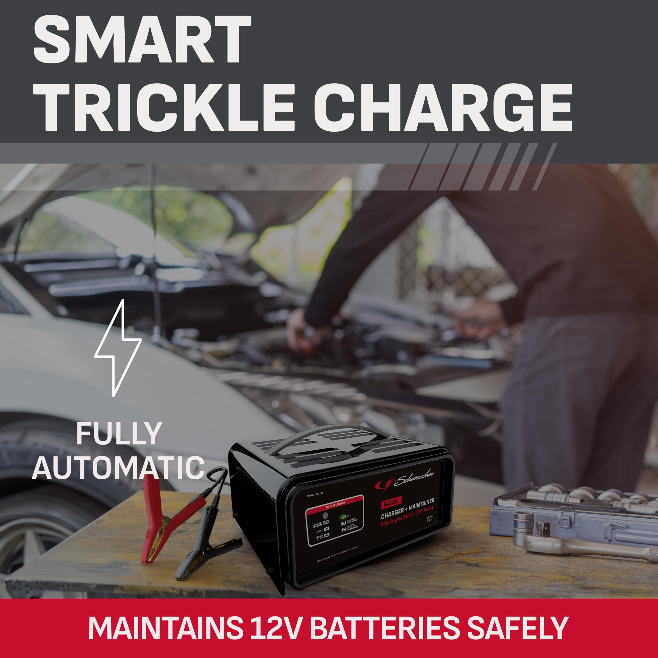 Schumacher SC1305 boost mode label close-up highlighting faster charging benefit